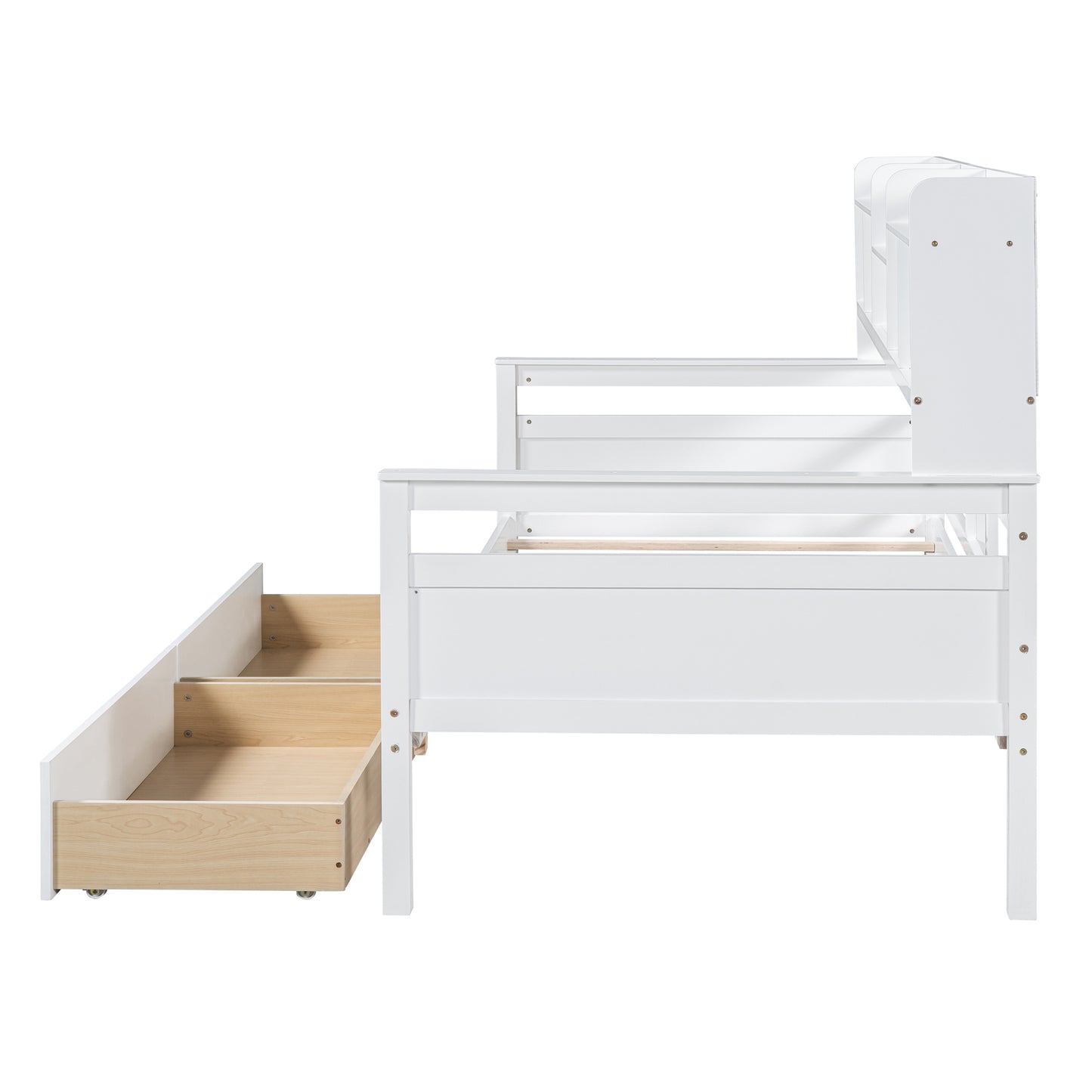 Twin size Daybed, Wood Slat Support, with Bedside Shelves and Two Drawers, White