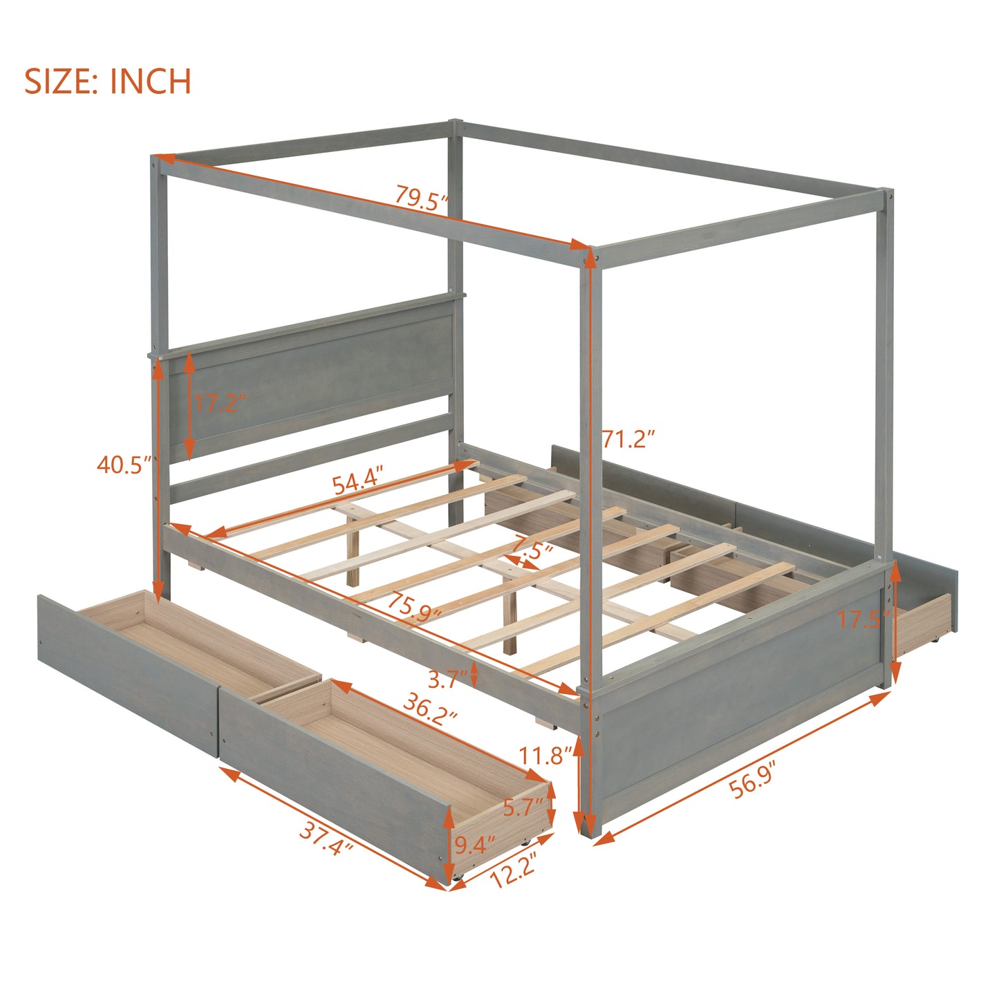 Wood Canopy Bed with four Drawers ,Full Size Canopy Platform Bed With Support Slats .No Box Spring Needed, Brushed Gray