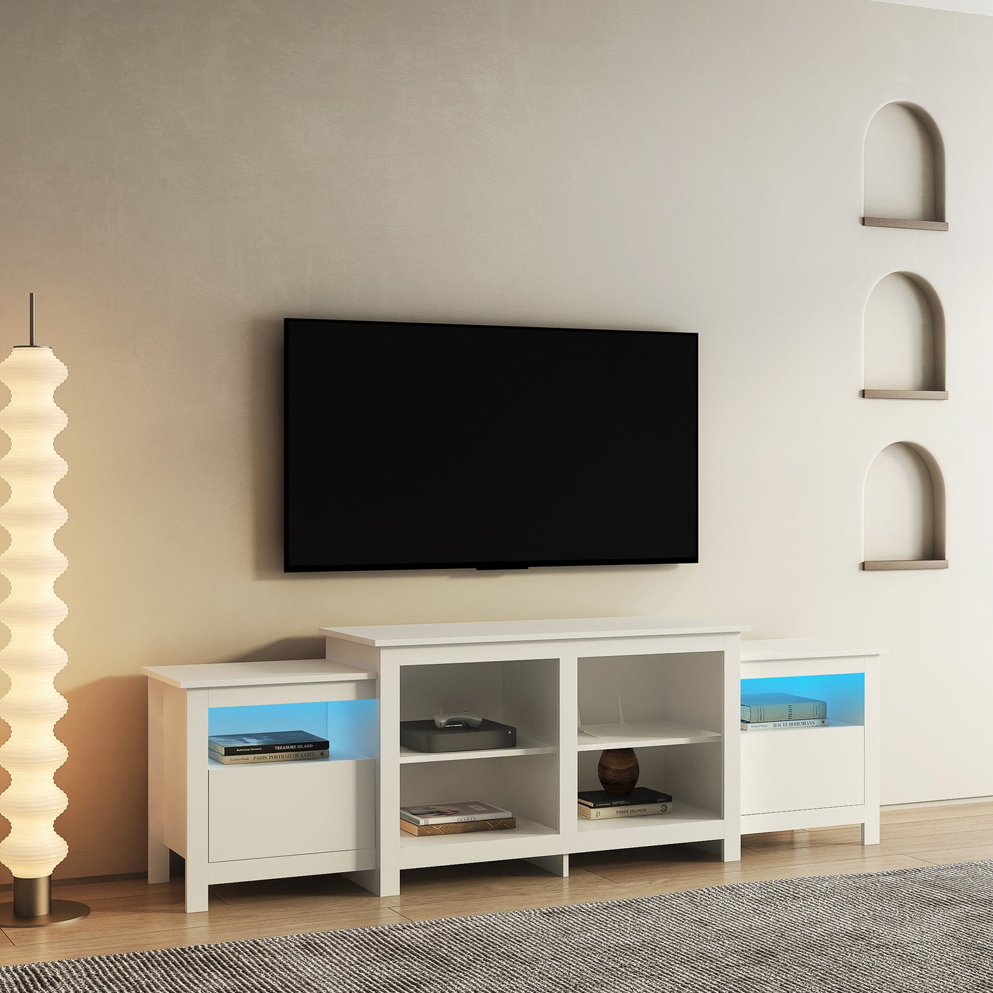 Modern White LED TV Stand with Remote Control Lights and Storage for 85 inch TV