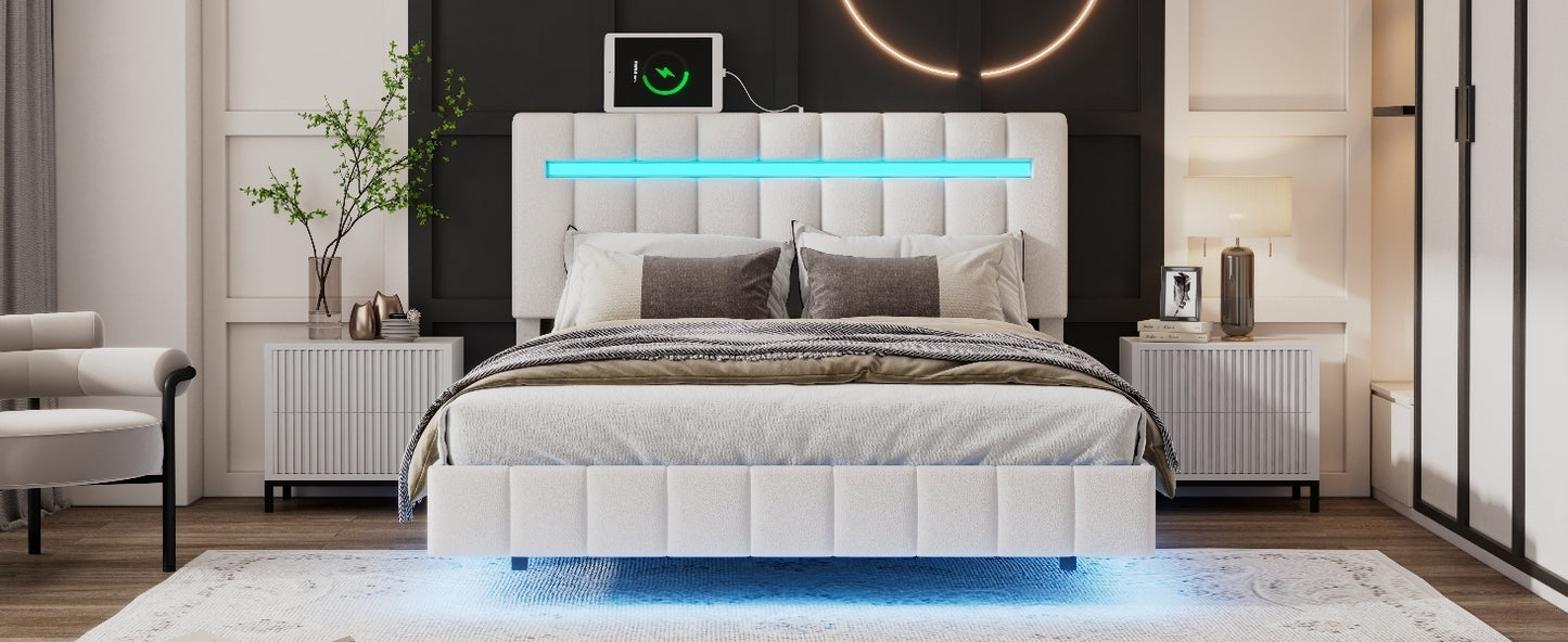 Full Size Floating Bed Frame with LED Lights and USB Charging,Modern Upholstered Platform LED Bed Frame,White(Full)