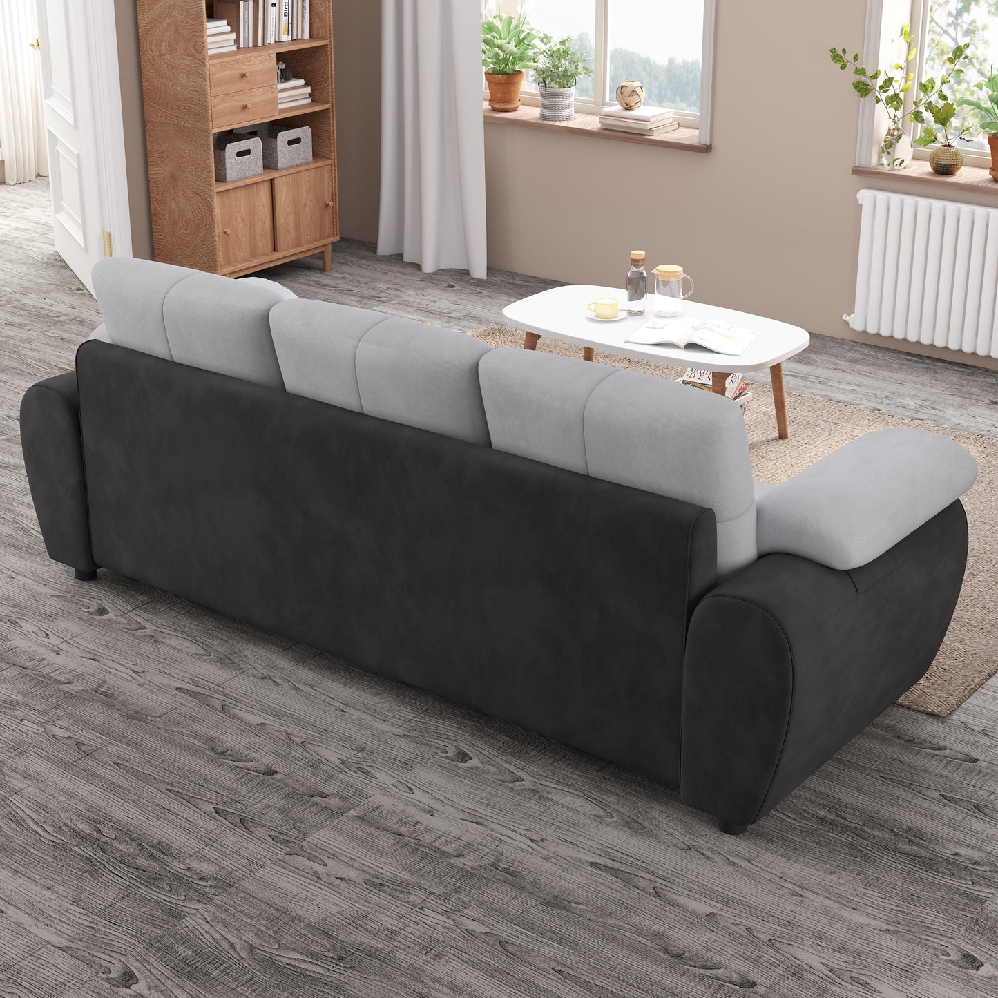 81.9 Inch Large Three-Seat Sofa, Modern Upholstered in Black Leather and Light Gray Velvet