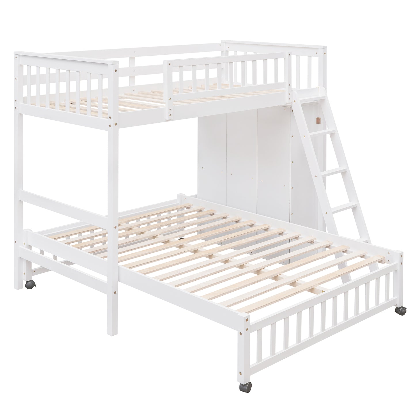 White Wooden Bunk Bed with Storage Drawers and Flexible Shelves, Twin Over Full Size Bed on Wheels