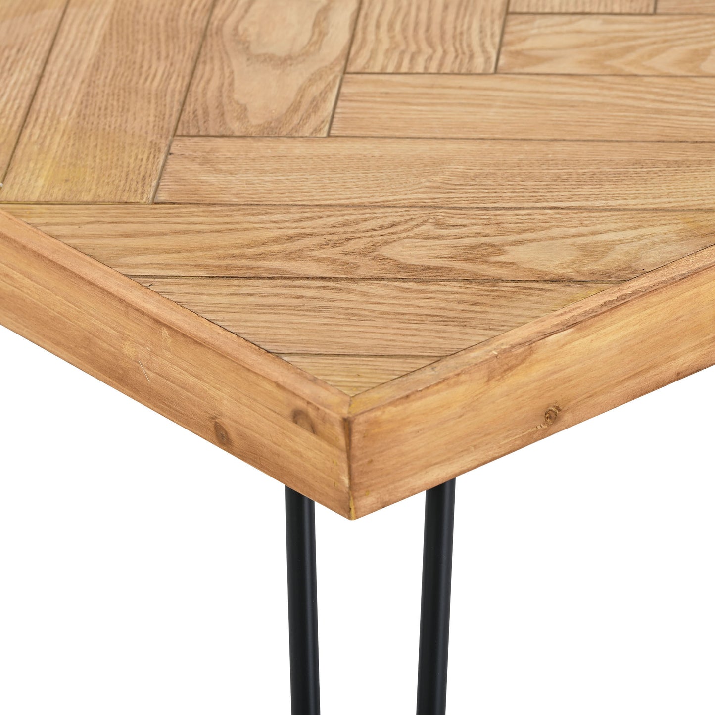 Retro-Modern Ash Wood Coffee Table with Chevron Pattern & Metal Hairpin Legs