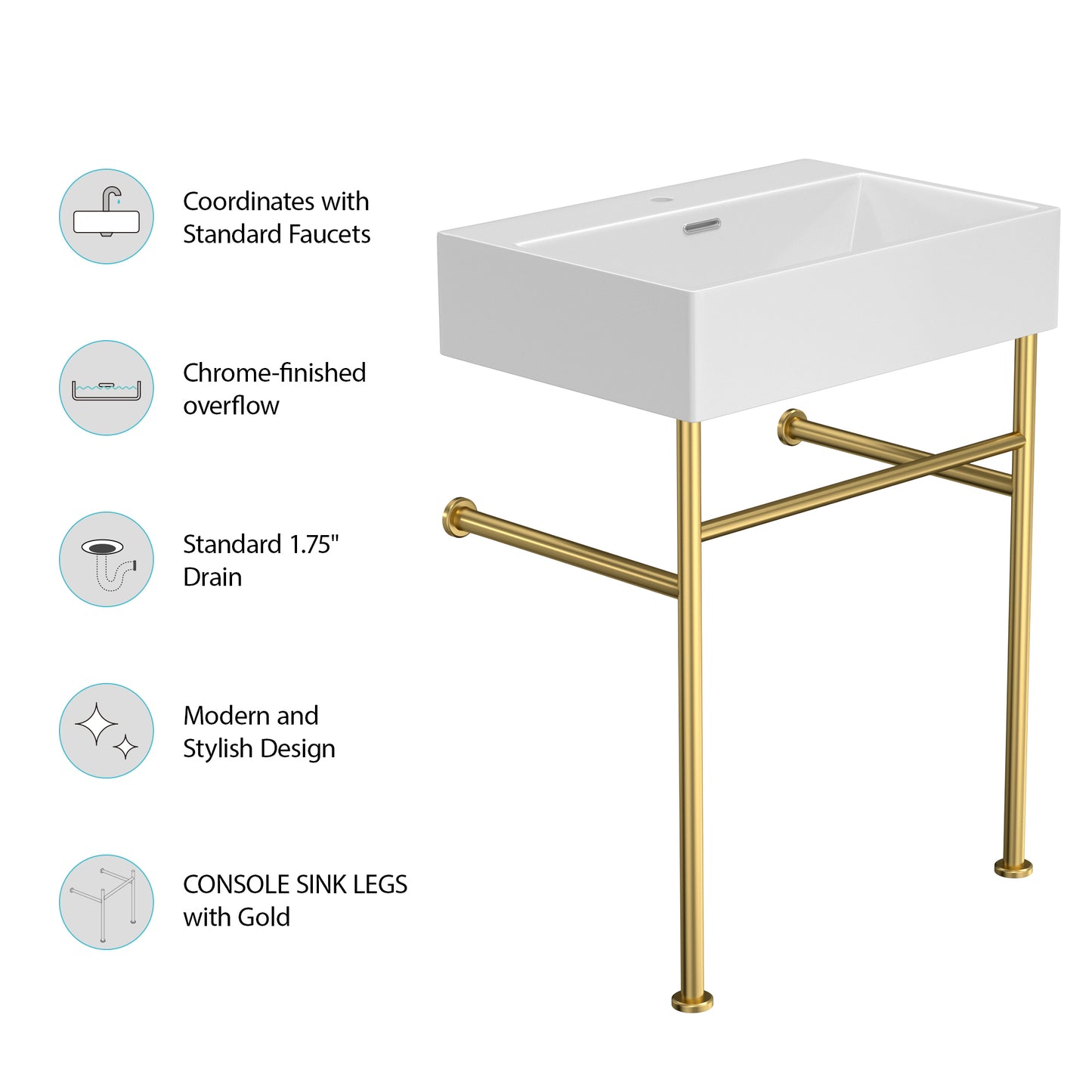 24" Bathroom Console Sink with Overflow,Ceramic Console Sink White Basin Gold Legs