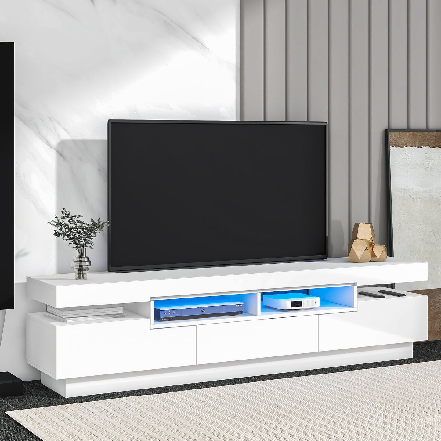 Sleek White TV Stand with Multi-Color LED Lights and Storage for 75 Inch TV