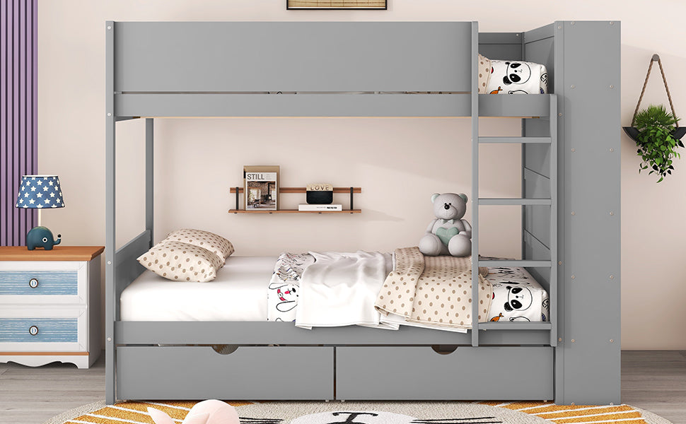 Gray Full over Full Bunk Bed with Storage Drawers and Cabinet for Kids