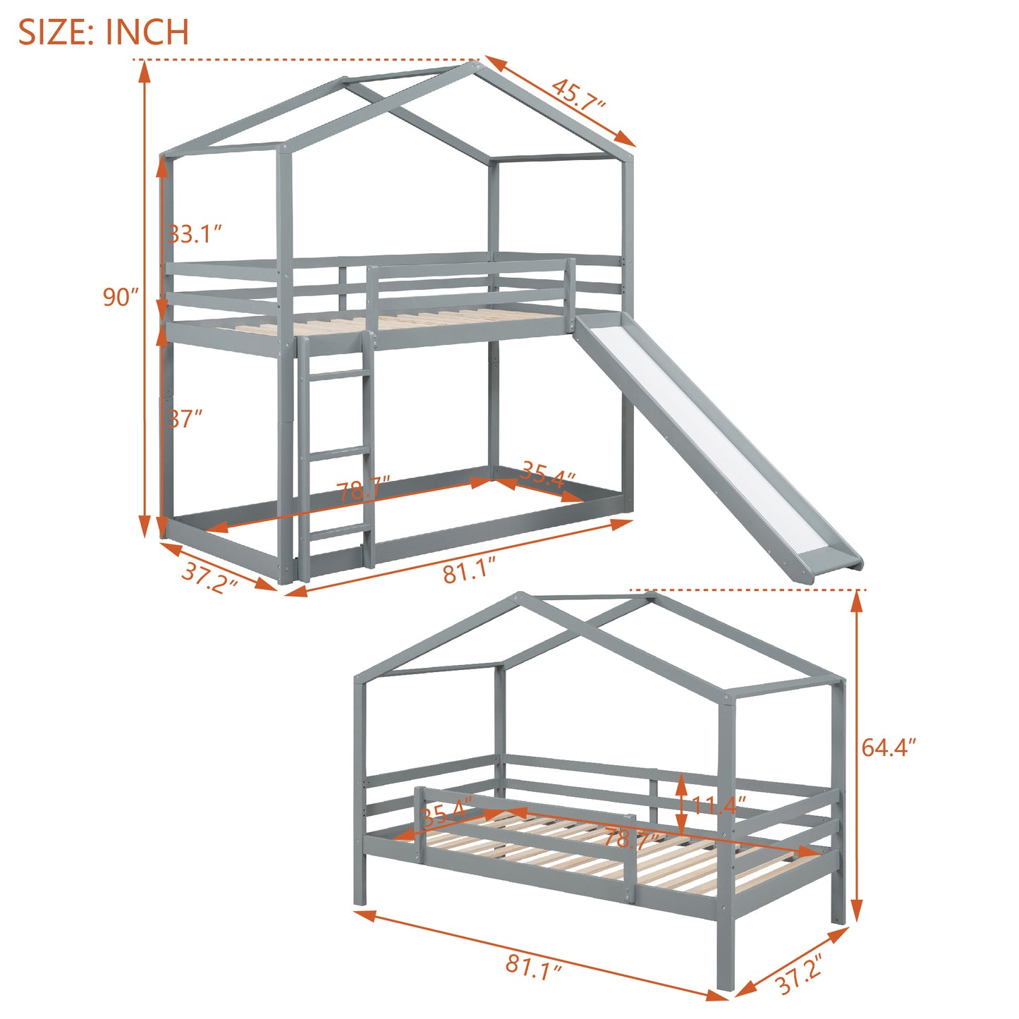 House-Themed Twin Bunk Bed with Slide, Roof, and Ladder for Kids