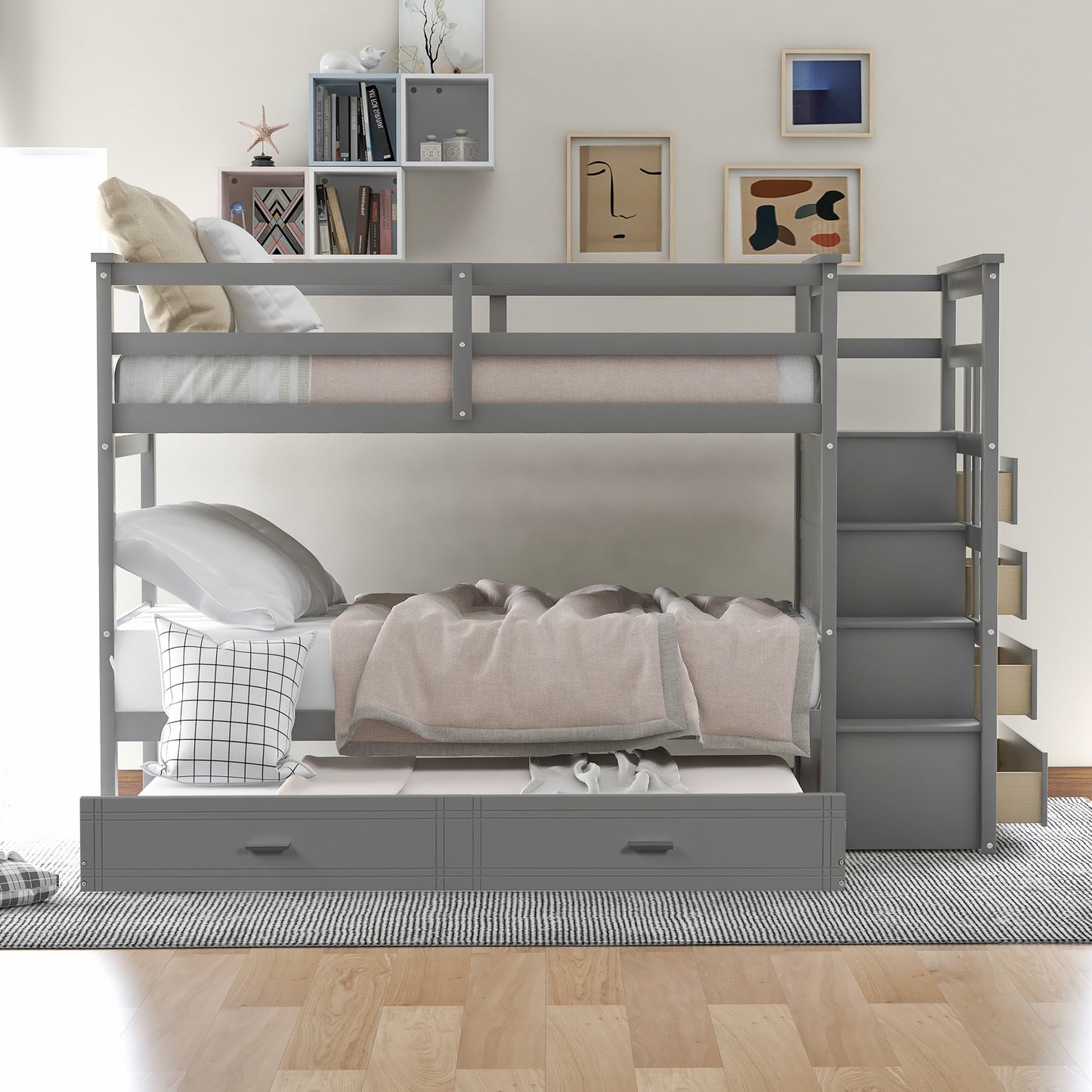 Twin Bunk Bed with Staircase, Trundle, and Storage Drawers in Natural Gray Finish