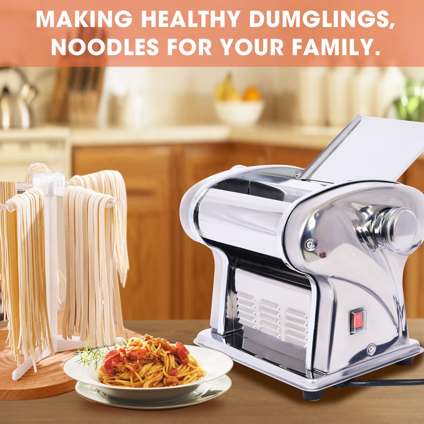 Electric Pasta Maker Noodle Maker Pasta Making Machine Dough Roller Cutter Thickness Adjustable Stainless Steel US 110V 135w 2 Blades Type 1.5mm round noodle+4mm flat noodle