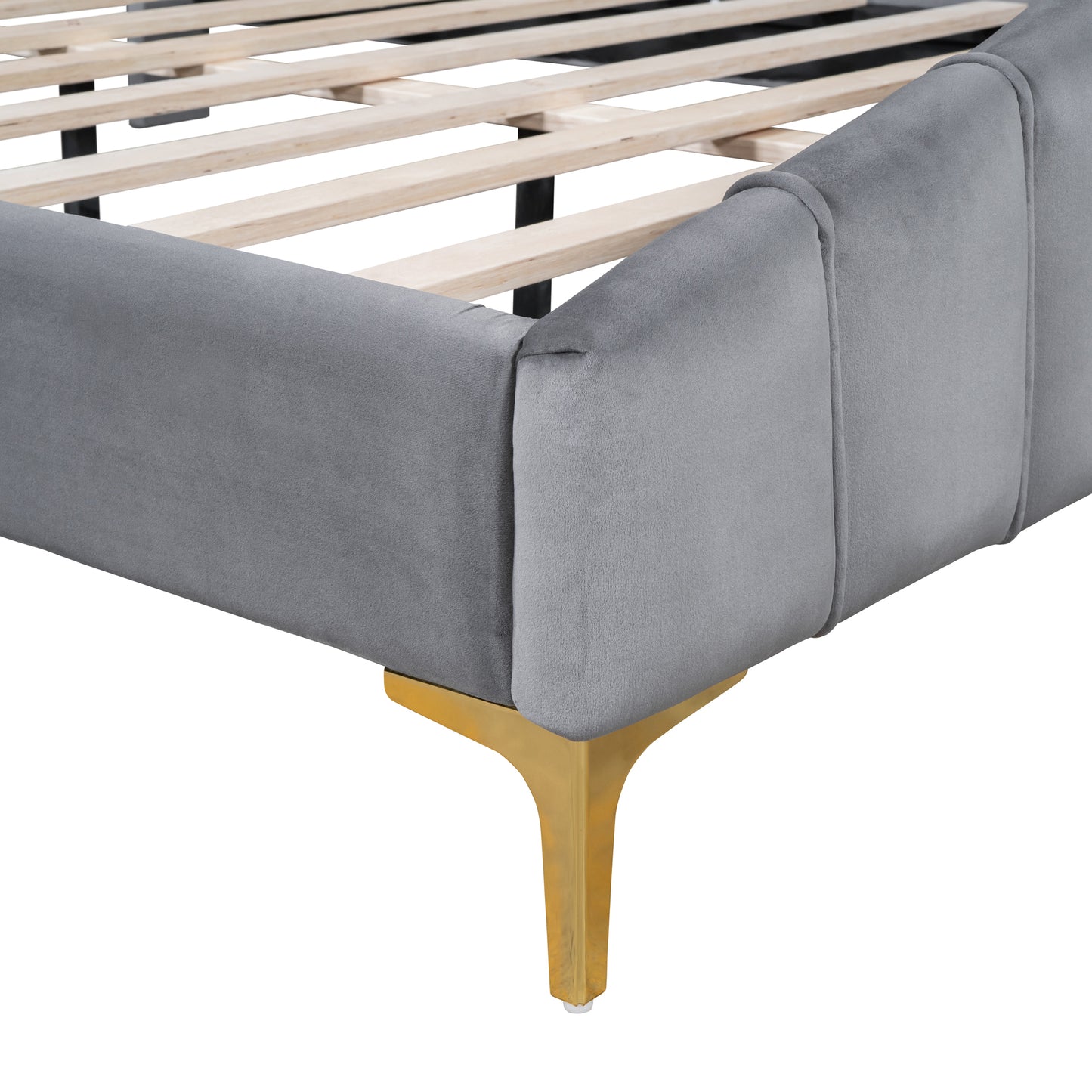 Queen Size Velvet Platform Bed with Thick Fabric, Stylish Stripe Decorated Bedboard and Elegant Metal Bed Leg, Gray