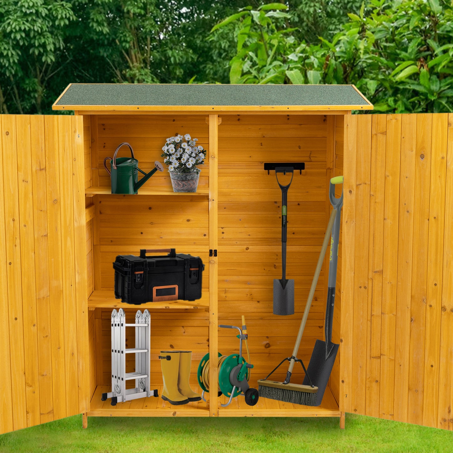 56"L x 19.5"W x 64"H Outdoor Storage Shed with Lockable Door, Wooden Tool Storage Shed w/Detachable Shelves & Pitch Roof, Natural