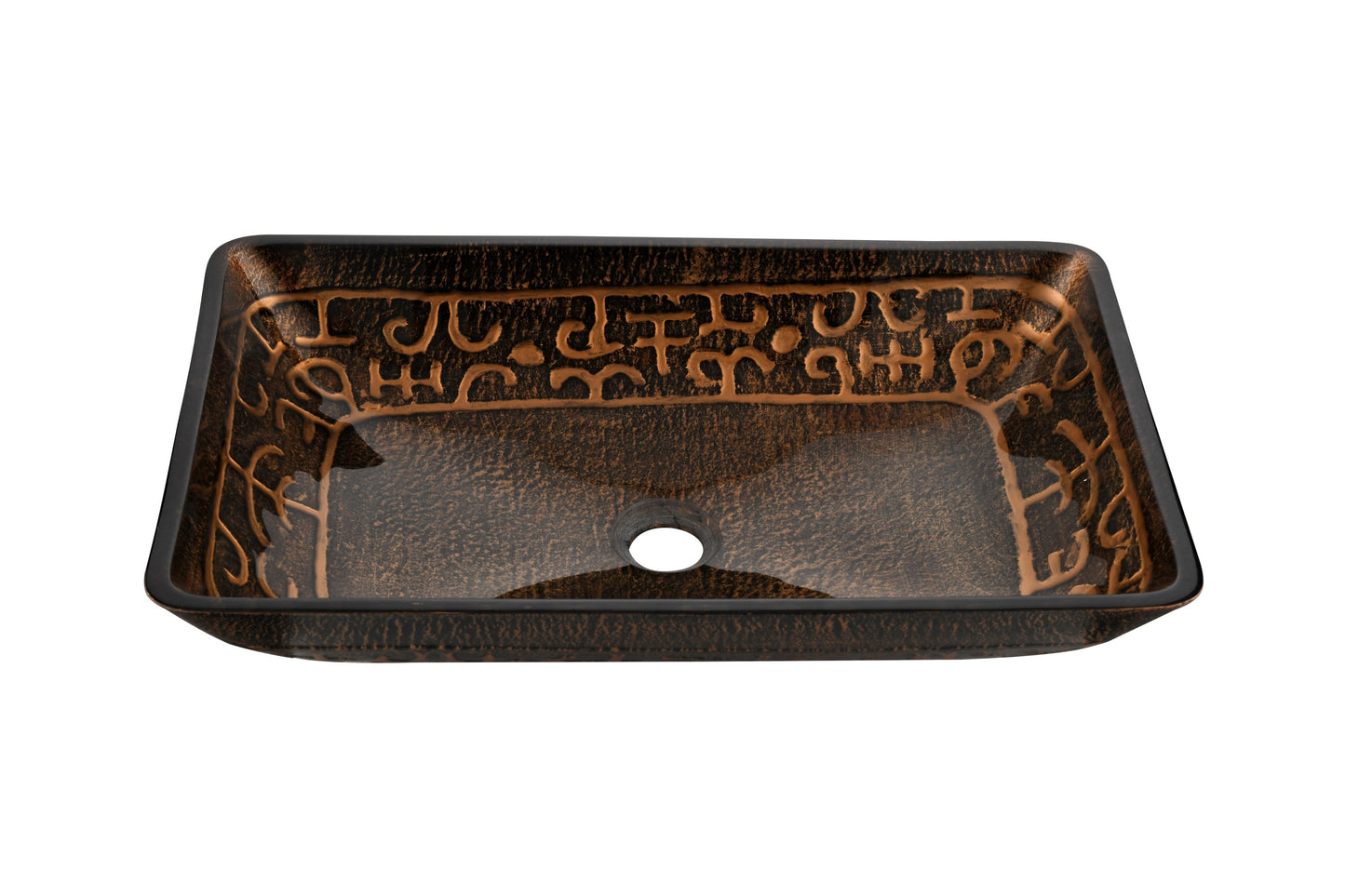 Brown and Gold Fusion Handmade Glass Rectangle Vessel Bathroom Sink with Matte Black Faucet and Drain