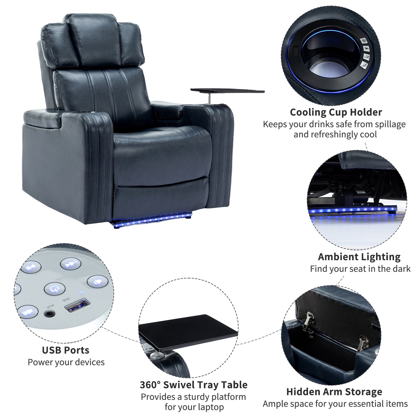 Blue Leather Power Recliner with Cooling Cup Holder, Bluetooth Speaker, and 360° Swivel Tray Table