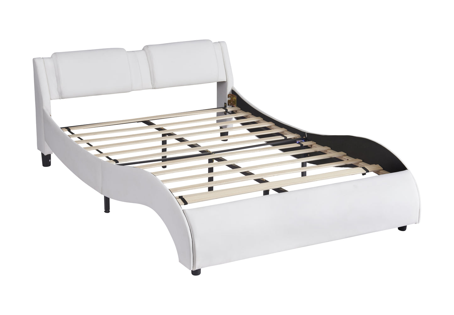 Full Size Upholstered Faux Leather Platform Bed with LED Light Bed Frame with Slatted - White