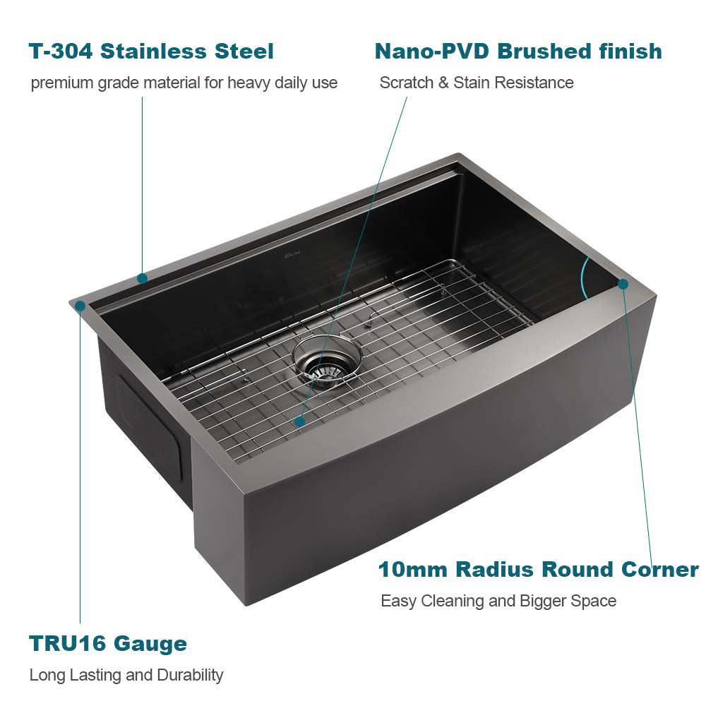 Matte Black Stainless Steel Farmhouse Kitchen Sink with Workstation Design and Accessory Kit - 33 L x 22 W