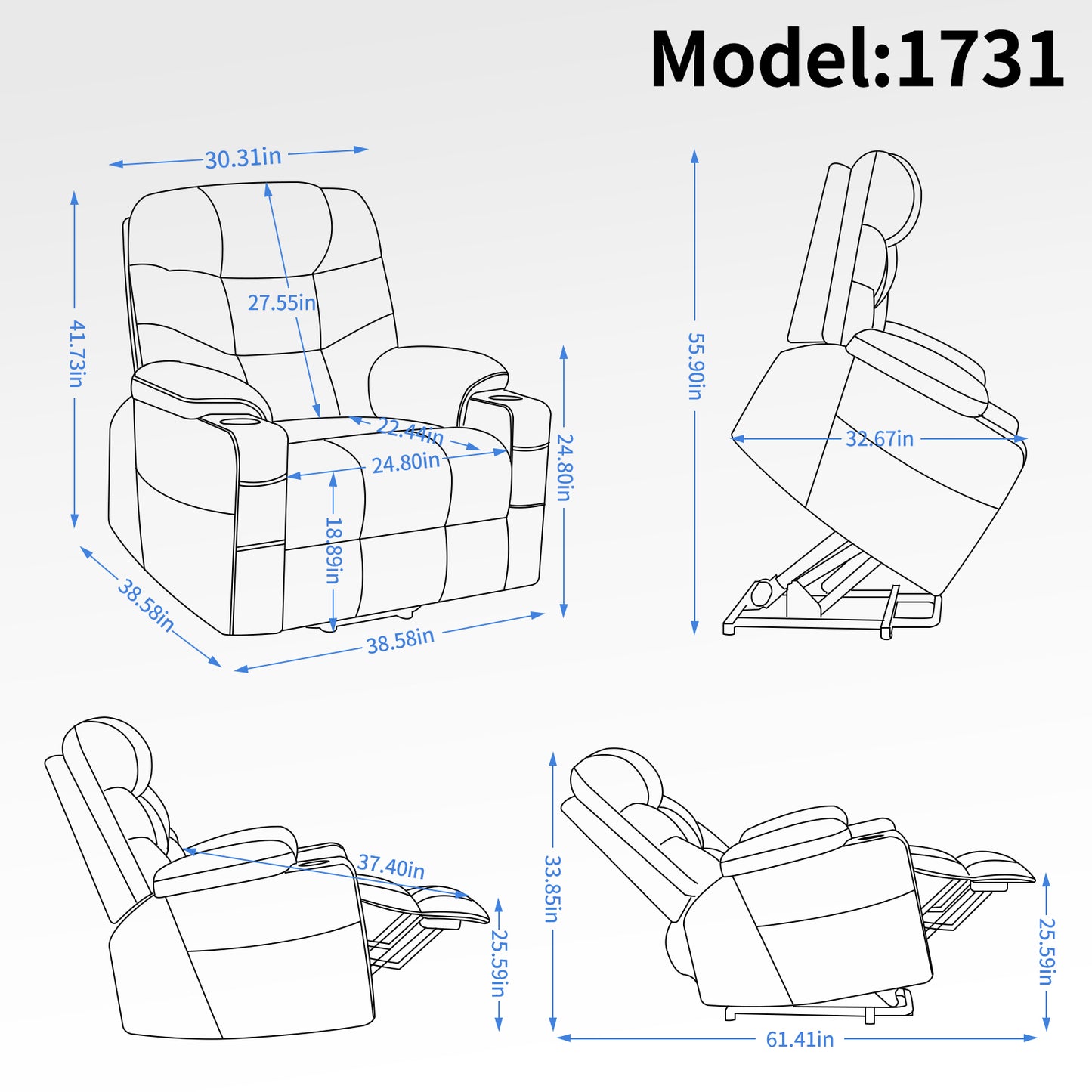 Grey Lift Recliner Chair with Massage, Heat, USB Ports, and Lumbar Support