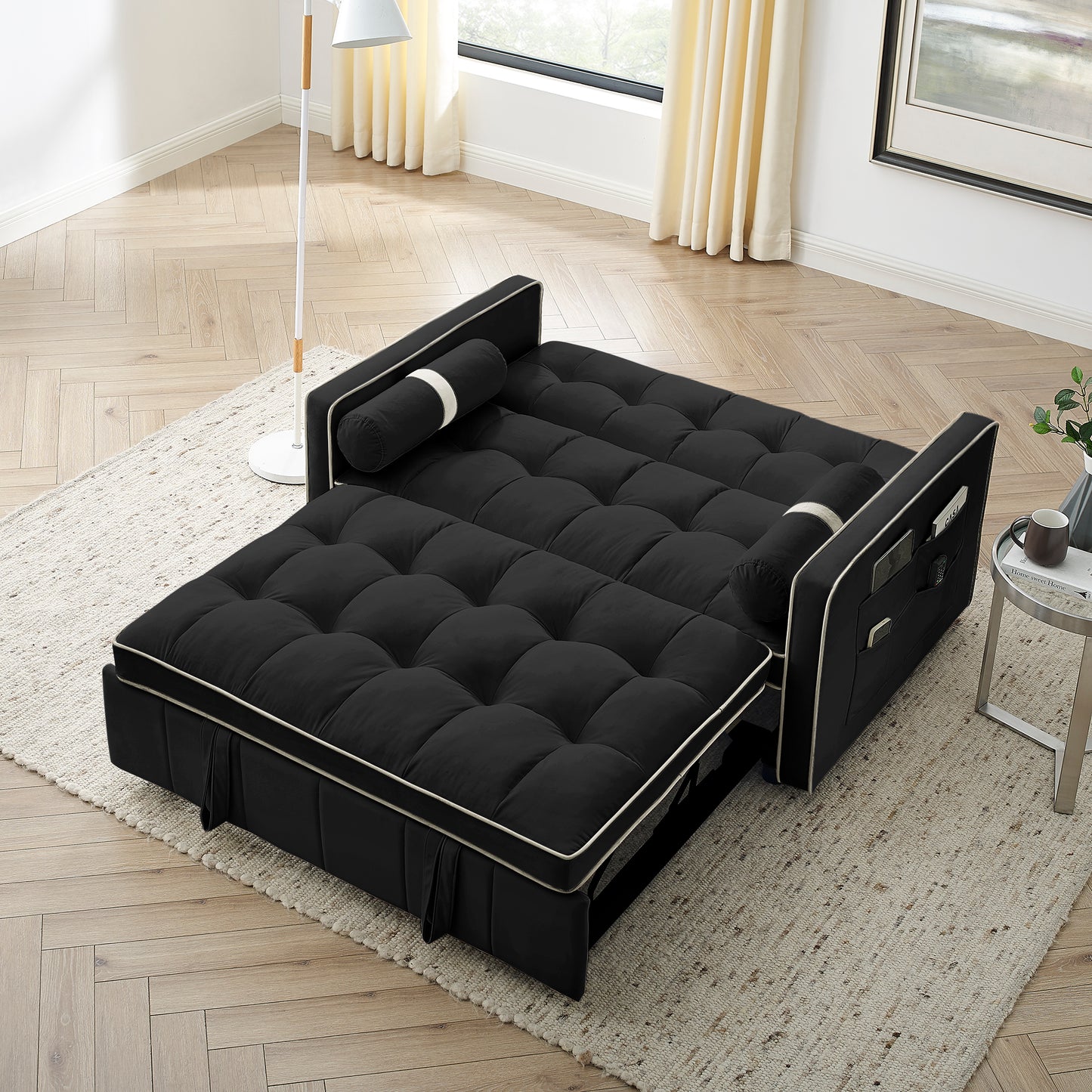 Modern 55.5" Pull Out Sleep Sofa Bed 2 Seater Loveseats Sofa Couch with side pockets, Adjsutable Backrest and Lumbar Pillows for Apartment Office Living Room