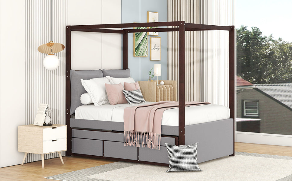 Full Size Upholstered  Canopy Bed with Trundle and 3 Drawers, Gray