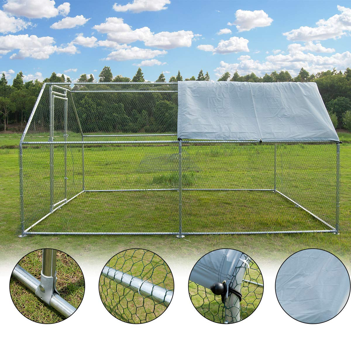 Metal Large Chicken Coop Walk-in Poultry Cage Large Chicken Run Flat Shaped Cage with Waterproof Anti-UltravioletCover, 1.26" Diameter Tube (9.8' L x 13.1' W x 6.4' H)