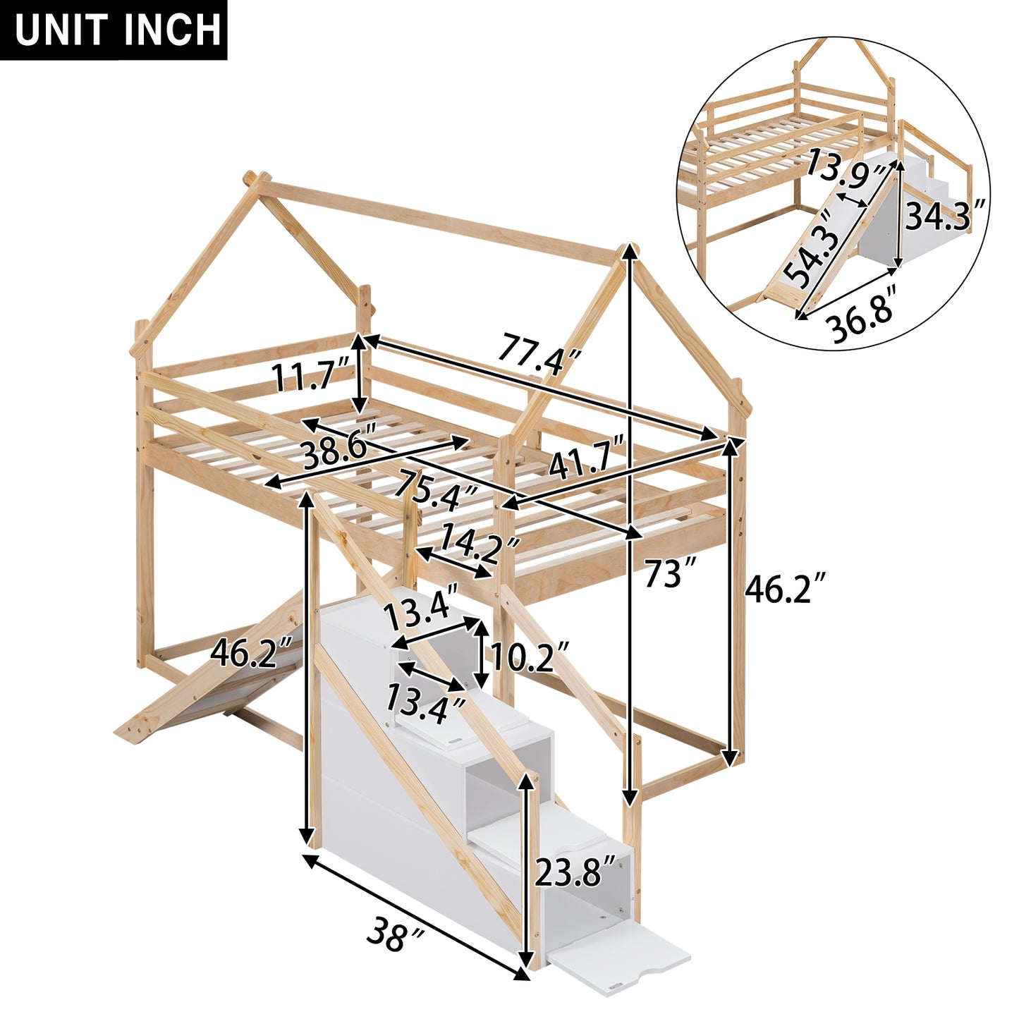 Twin House Loft Bunk Bed with Slide, Staircase, and Storage for Kids, Natural