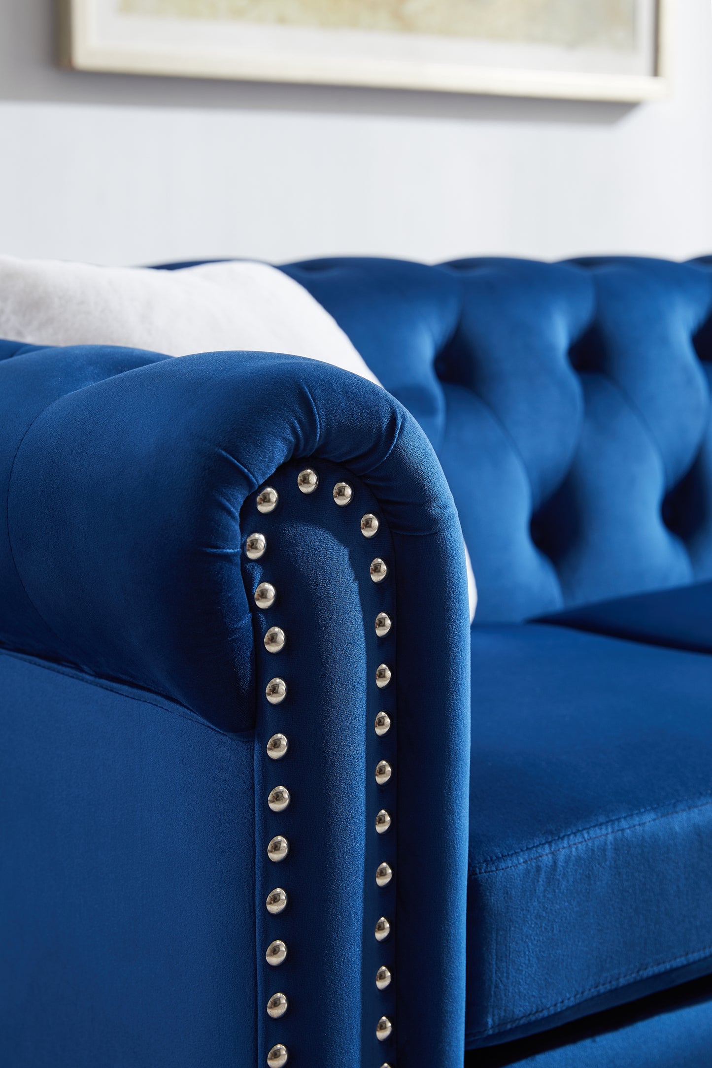 Sofa chair, with button and copper nail on arms and back, one white villose pillow, velvet Blue (38"x34.5"x30")