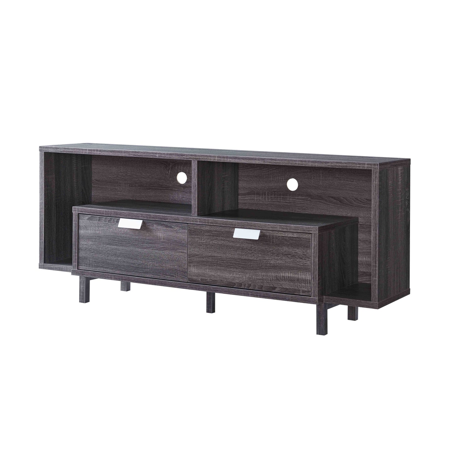 Grey TV Stand with Two Drawers, Open Shelving, and Wire Management