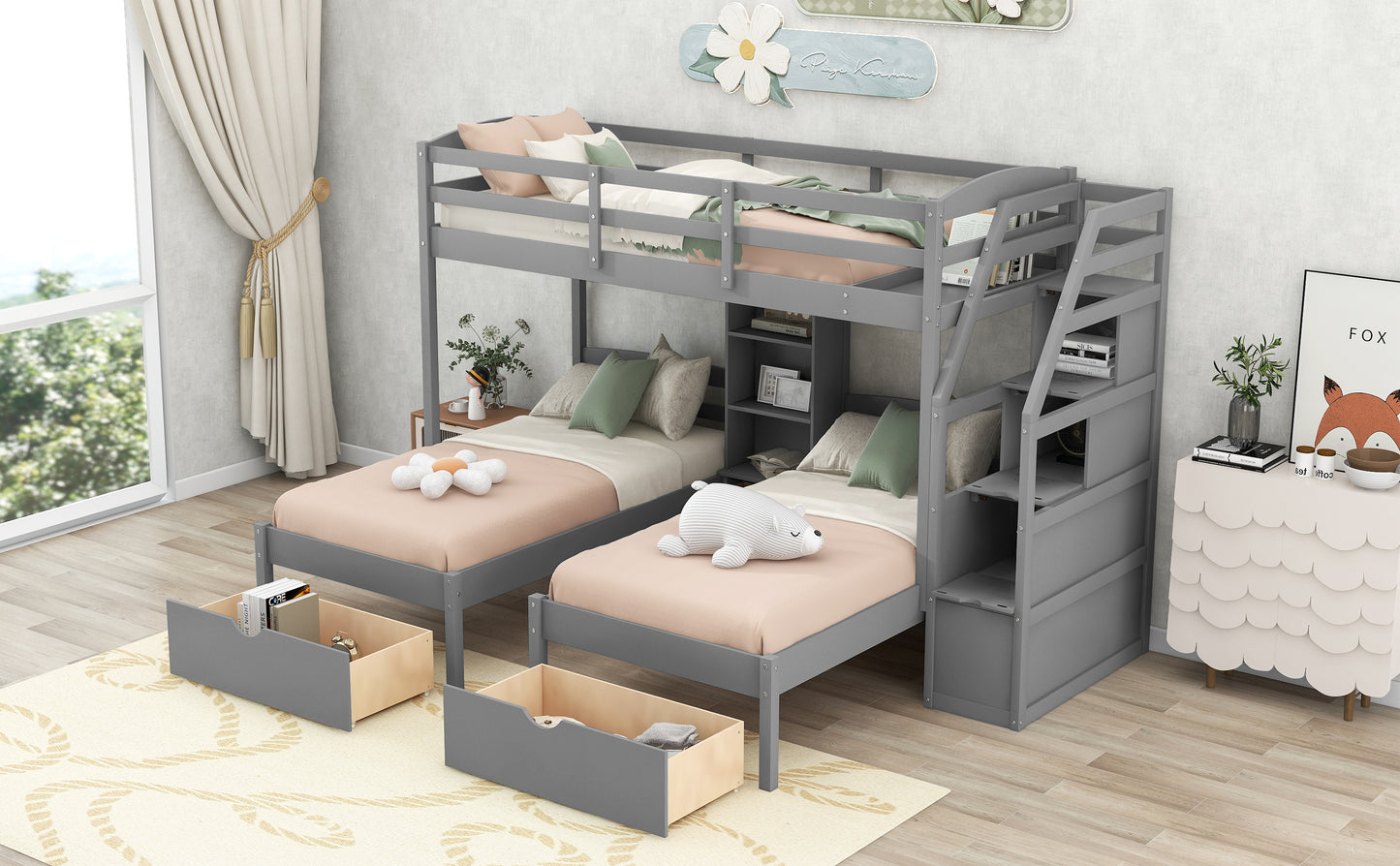 Gray Triple Bunk Bed with Storage Drawers, Staircase, and Built-in Shelves