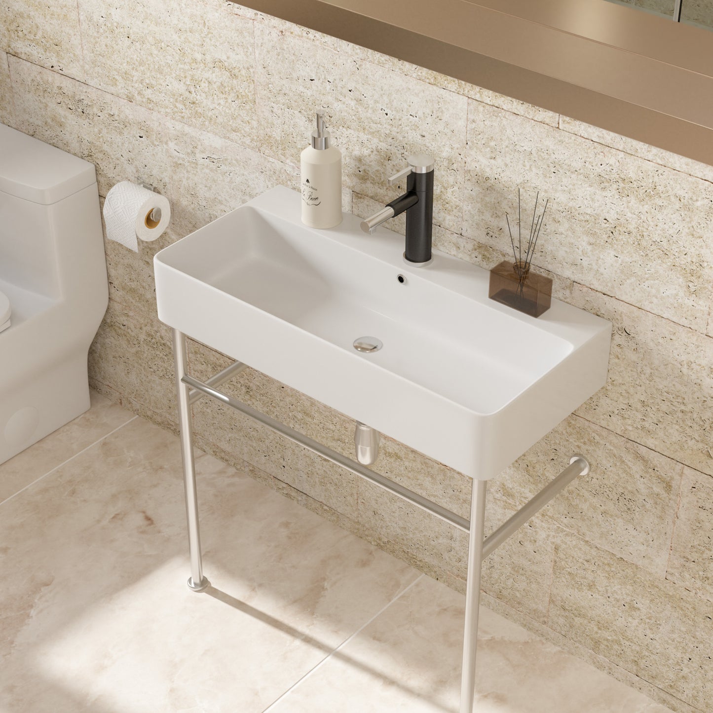 35" Bathroom Console Sink with Overflow,Ceramic Console Sink White Basin Polished Nicke Legs