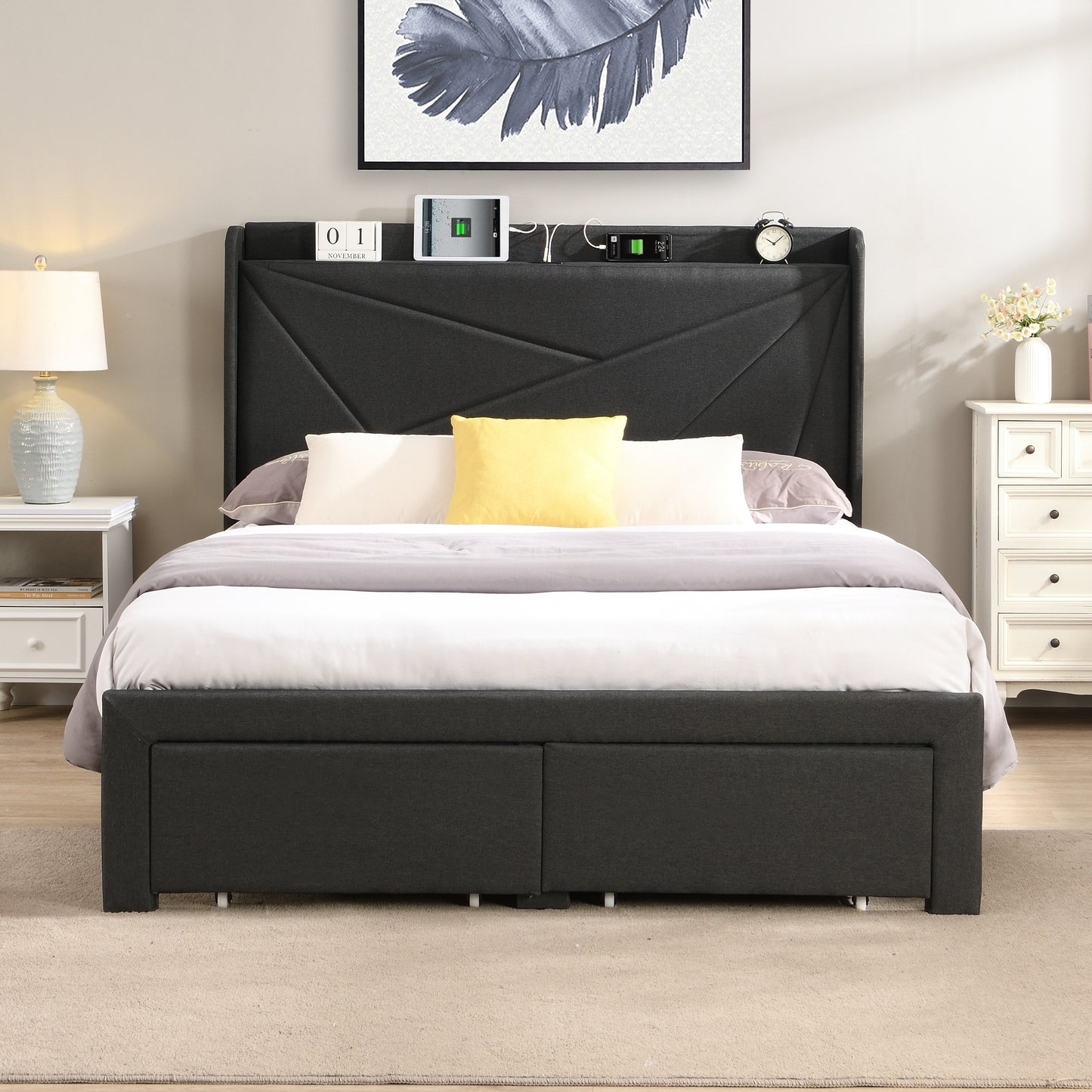 Full Size Bed Frame with 2 Storage Drawers, Upholstered Bed Frame with Wingback Headboard Storage Shelf Built-in USB Charging Stations and Strong Wood Slats Support, No Box Spring Needed, Dark Gray