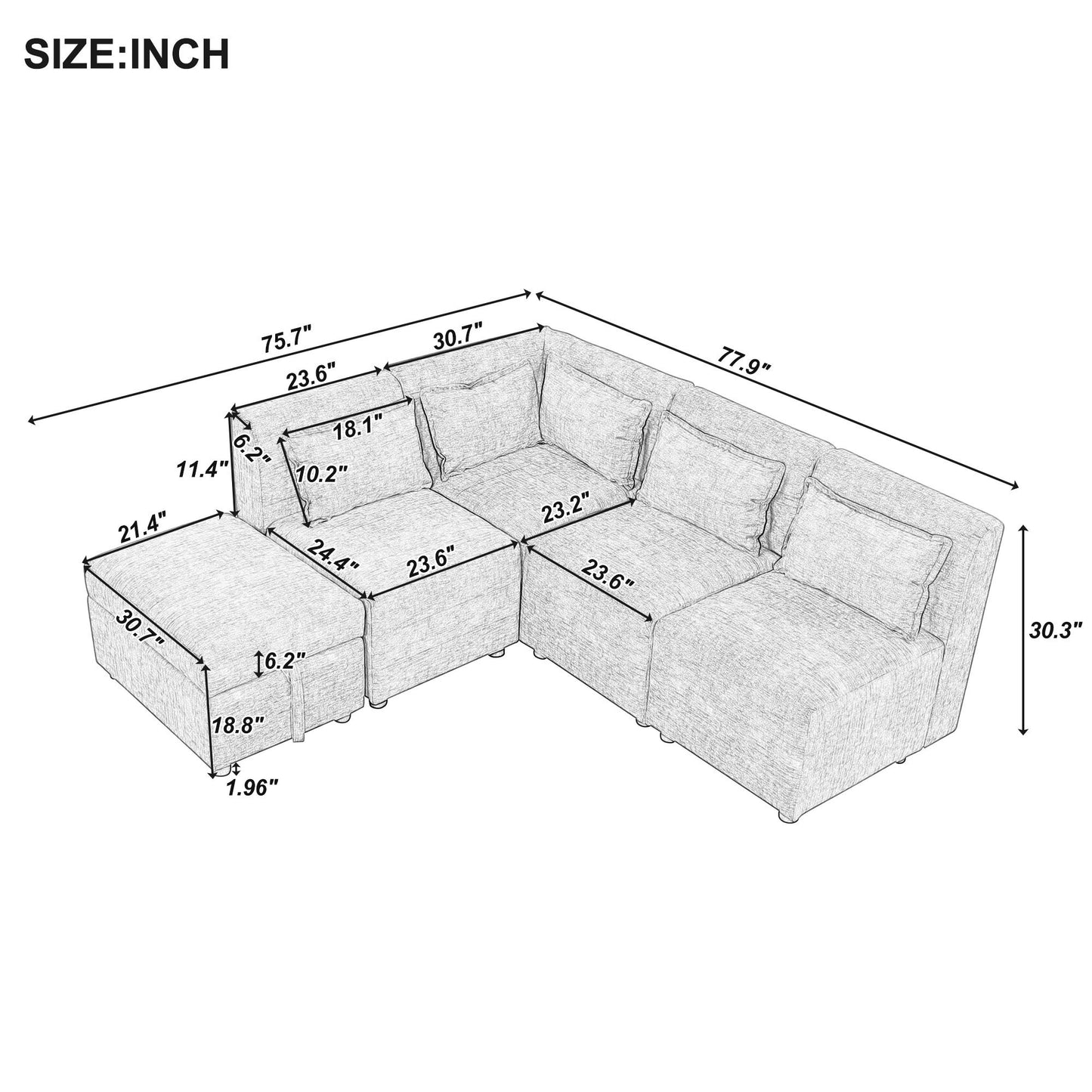 Endless Lounge Creations: Free-Combined Blue-Green Sectional Sofa with Storage Ottoman and 5 Pillows