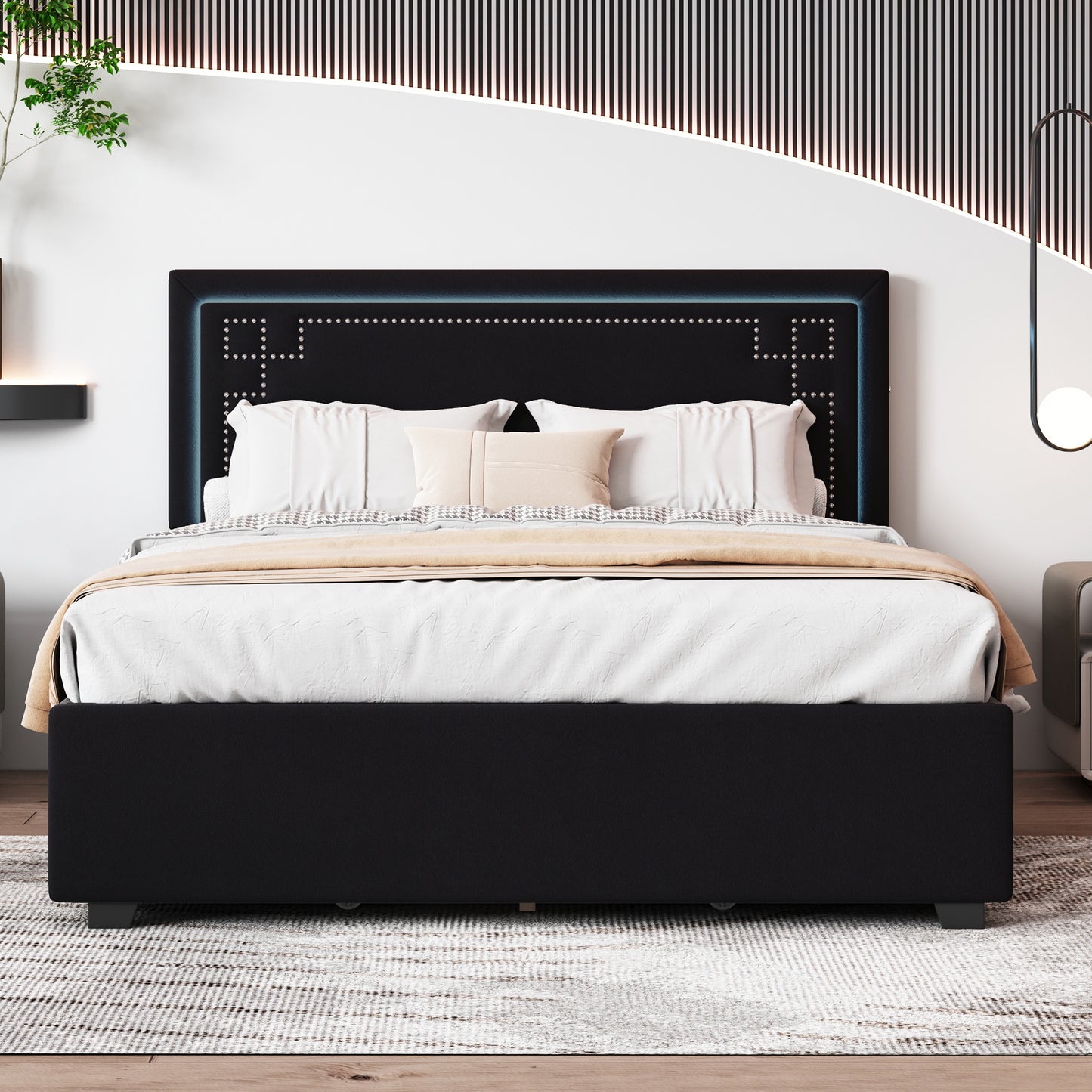 Queen Size Upholstered Platform Bed with Rivet-decorated Headboard, LED bed frame and 4 Drawers, Black