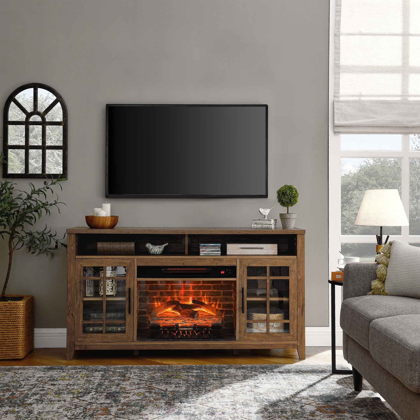 55 inch Electric Fireplace TV Stand with Storage in Reclaimed Barnwood Color