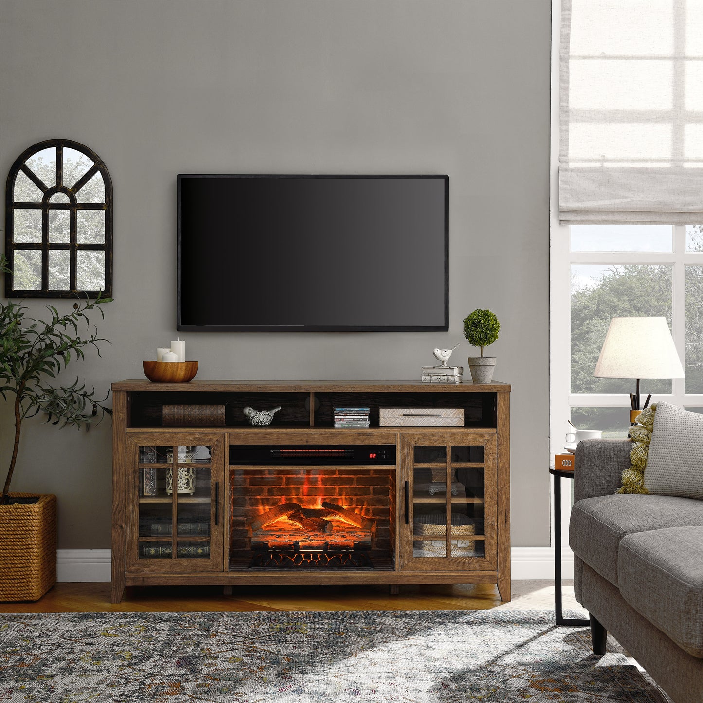 55 inch TV Media Stand with Electric Fireplace - Reclaimed Barnwood Color