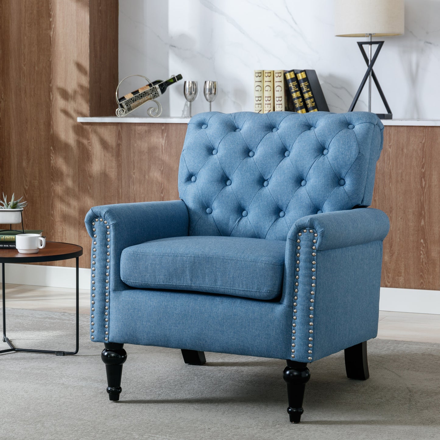 Accent Chairs for Bedroom, Midcentury Modern Accent Arm Chair for Living Room, Linen Fabric Comfy Reading Chair, Tufted Comfortable Sofa Chair, Upholstered Single Sofa, Blue