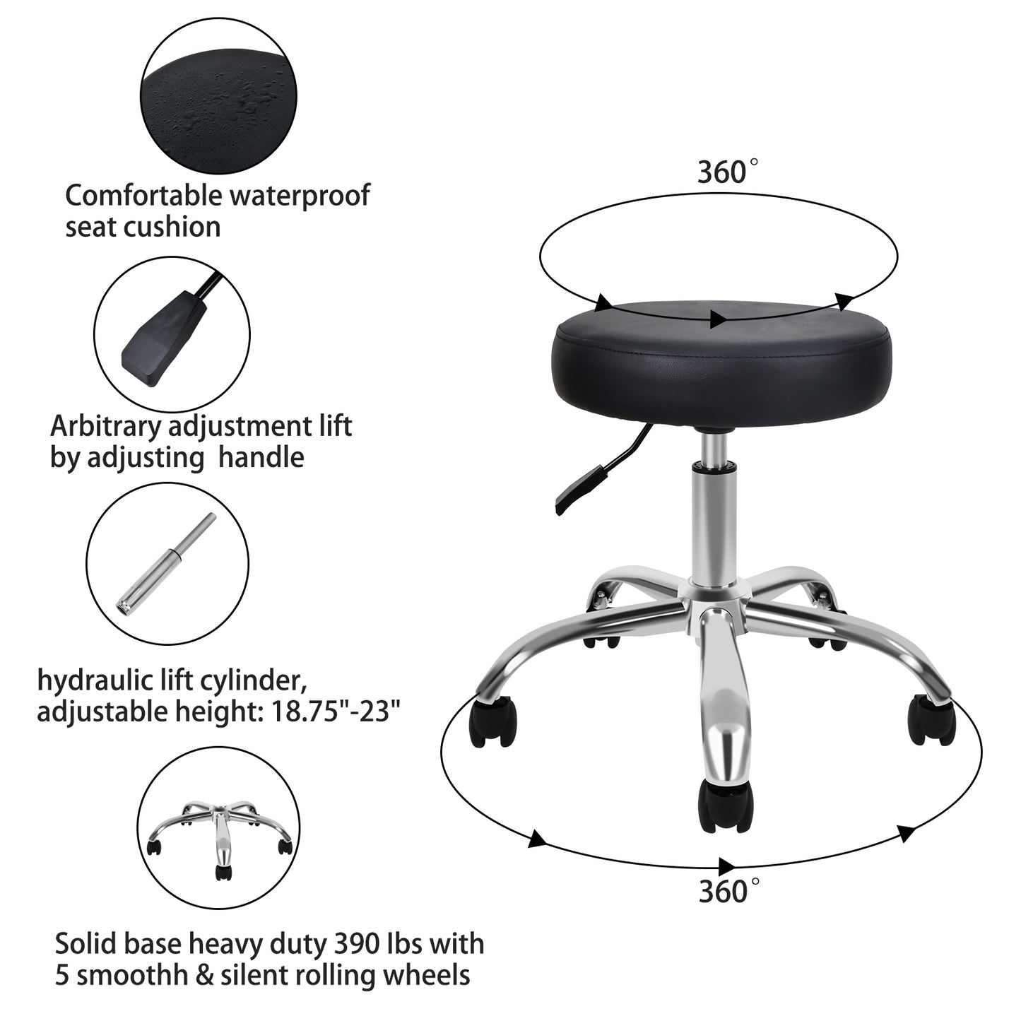 Round Stool Chair with Wheels Height Adjustable, Black