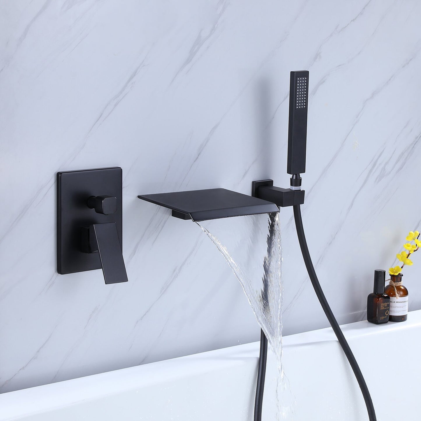 Matte Black Wall-Mount Tub Filler with Handheld Shower Head