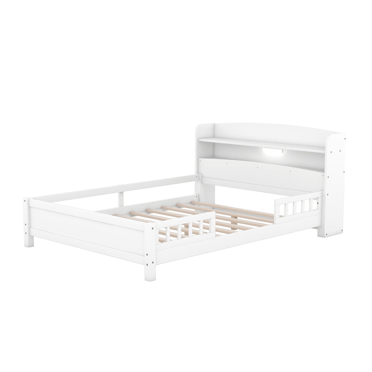 Wood Full Size Platform Bed with Built-in LED Light, Storage Headboard and Guardrail, White