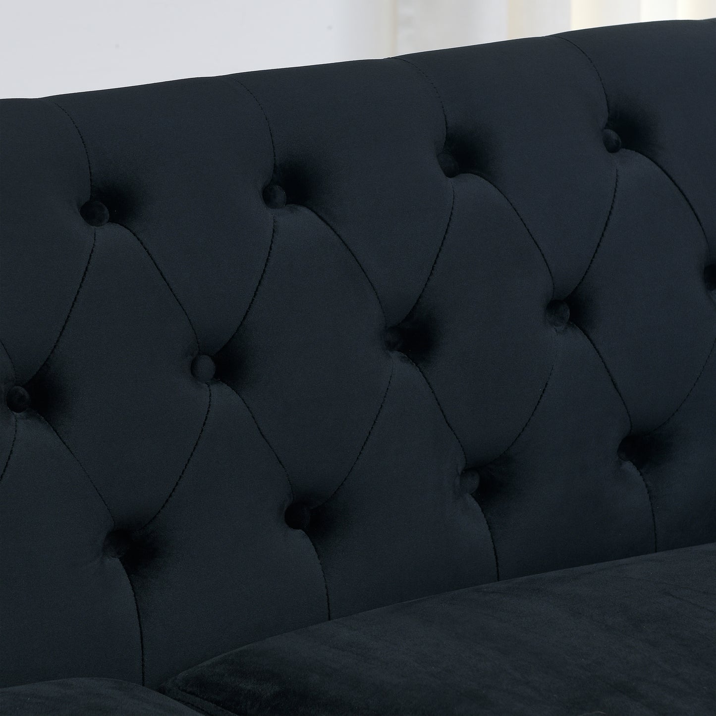 Luxurious 77-Inch Black Velvet Chesterfield Sofa with Nailhead Arms