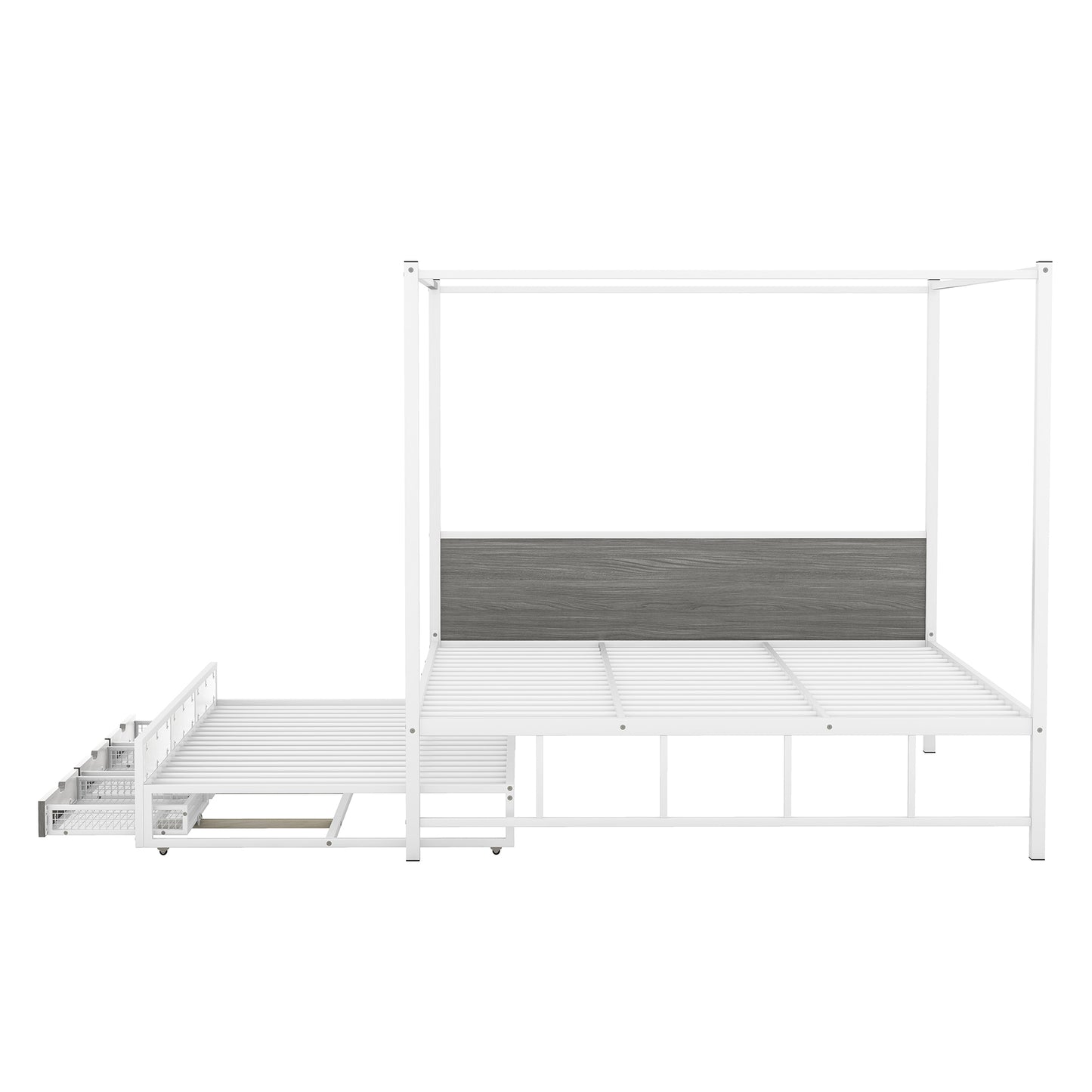 Queen Size Metal Canopy Platform Bed with Twin Size Trundle and 3 Storage Drawers, White