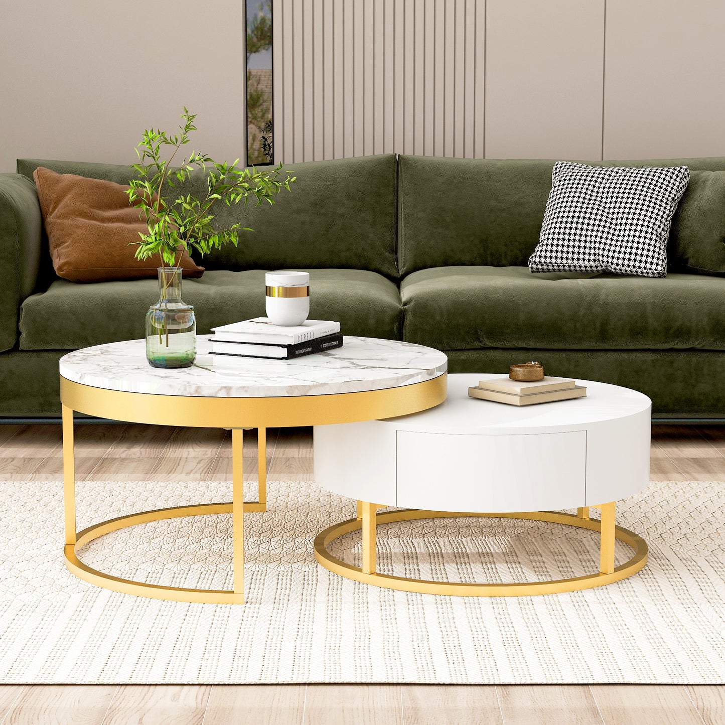 Contemporary White and Gold Nesting Coffee Table with Storage Drawers