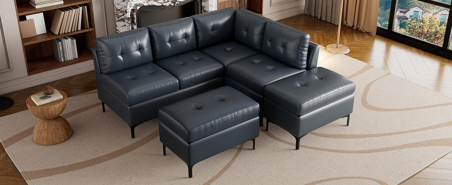 Blue L-Shaped Sectional Sofa Set with Movable Storage Ottomans