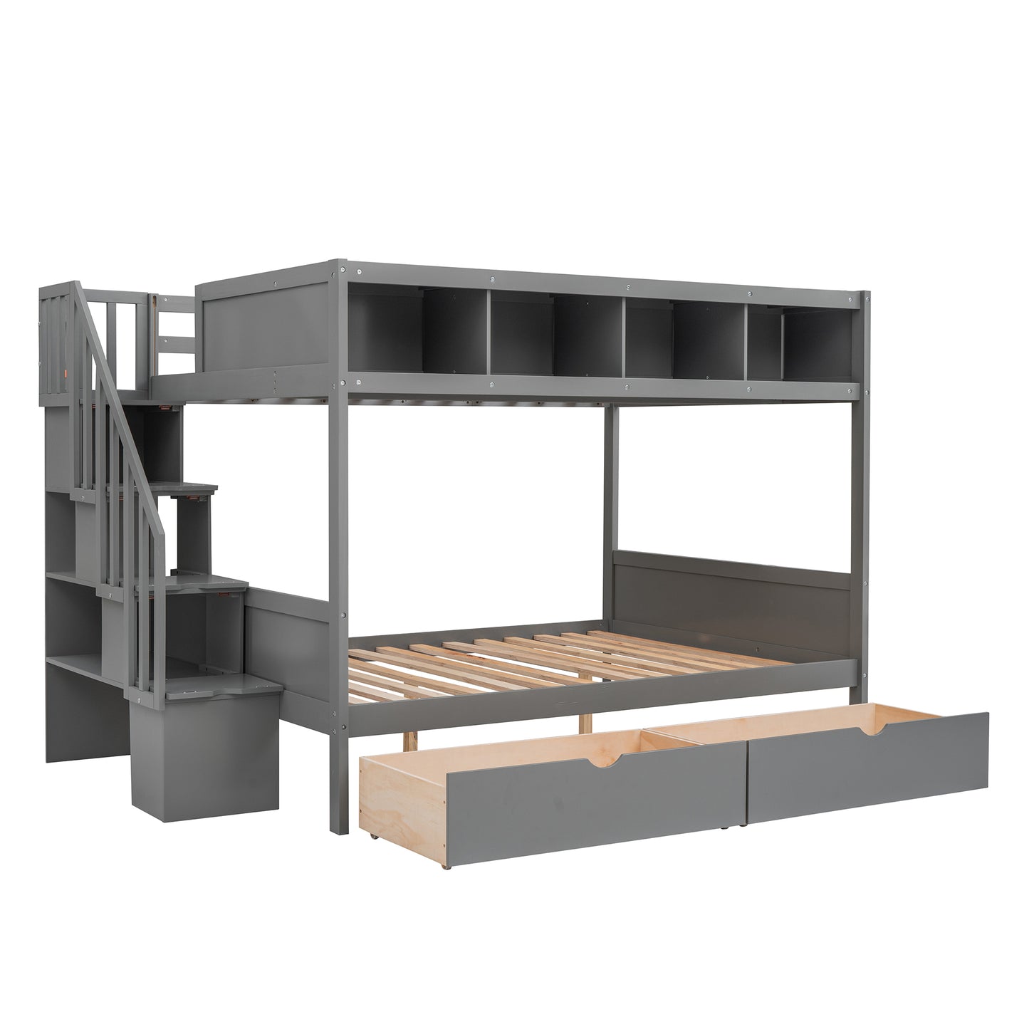 Twin over Full Bunk Bed with Storage Staircase, Drawers, and Shelfs in Gray