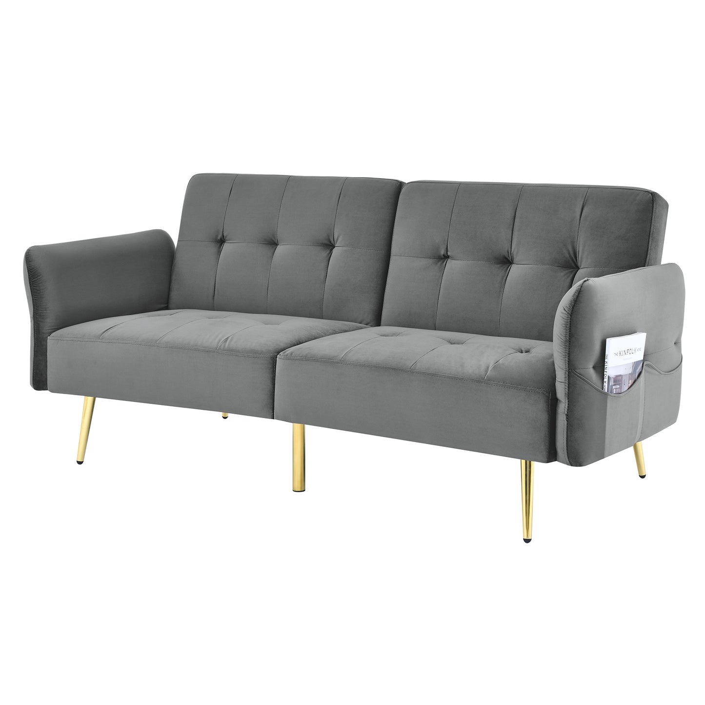 Italian Velvet Futon Sofa Bed with Folded Armrests, Storage, and 280g Velvet - Grey