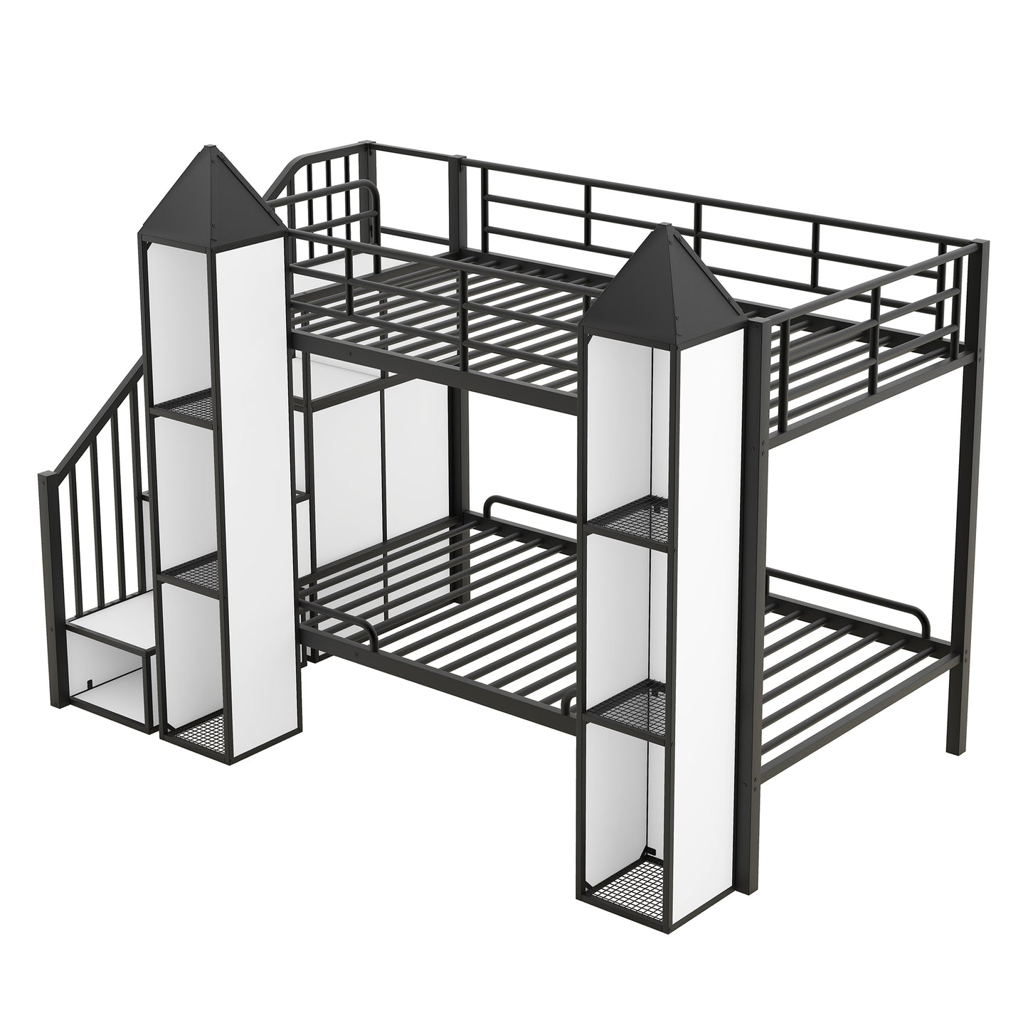 Castle-themed Metal Twin Bunk Bed with Wardrobe and Storage in Black and White Color Palette