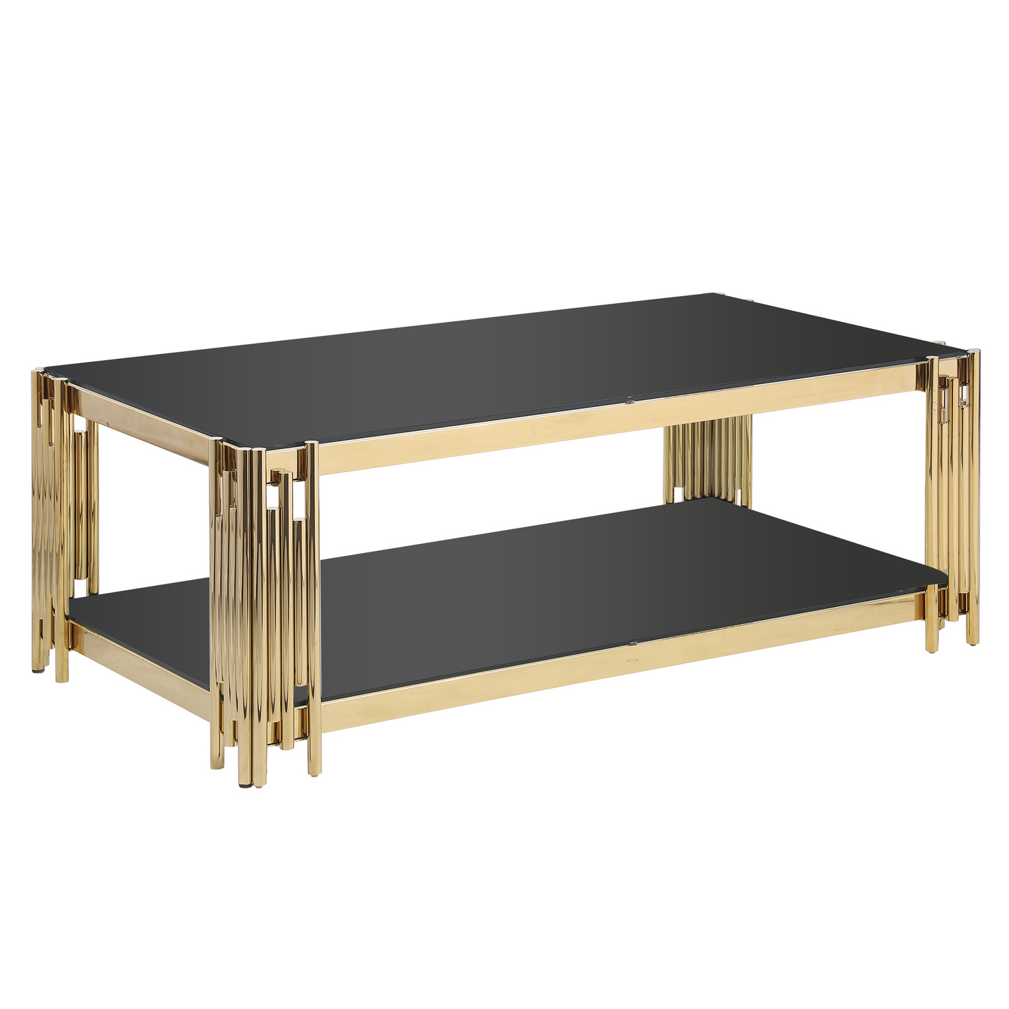 48-Inch Wide Golden Stainless Steel Coffee Table with Double-Layer Black Tempered Glass Top