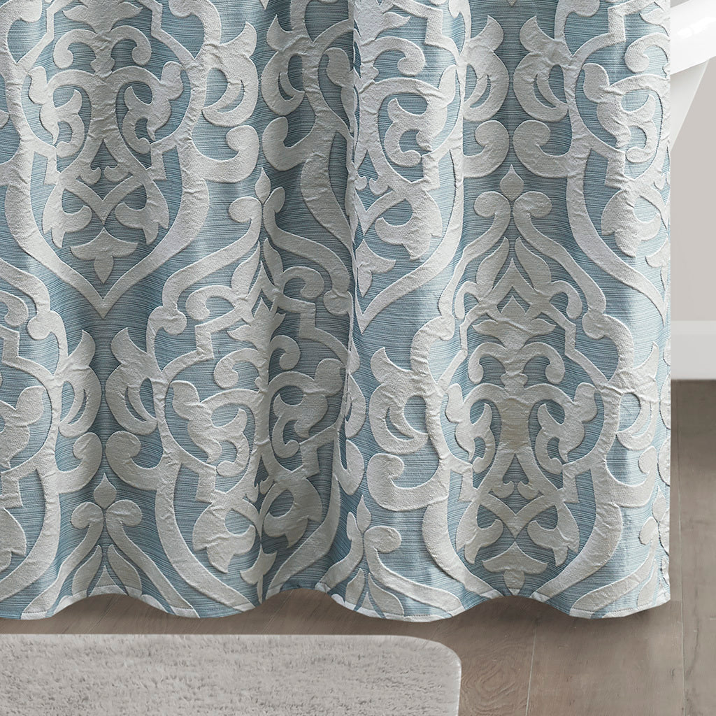 Luxurious Aqua and Silver Damask Medallion Jacquard Shower Curtain