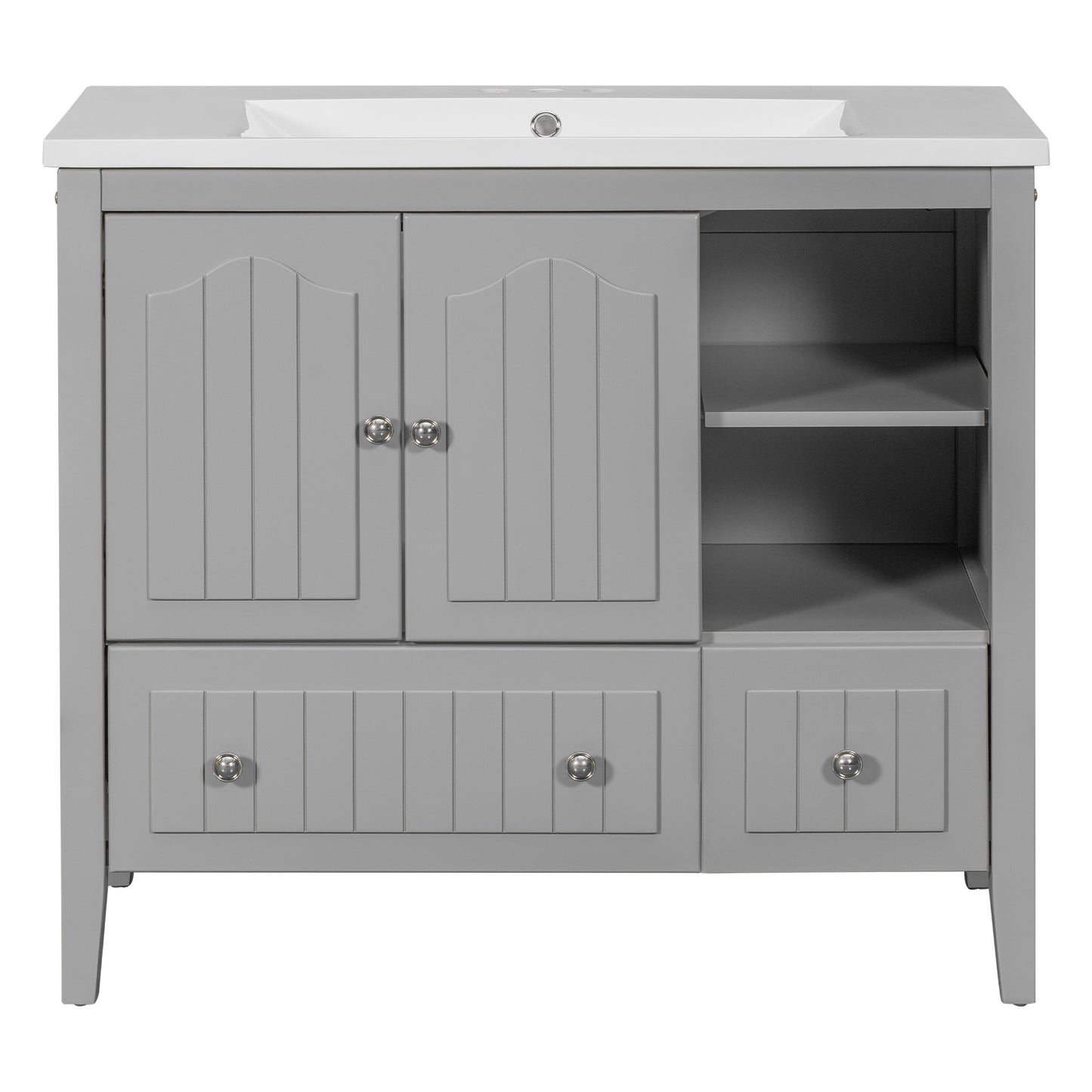 36" Bathroom Vanity with Ceramic Basin, Bathroom Storage Cabinet with Two Doors and Drawers, Solid Frame, Metal Handles, Grey