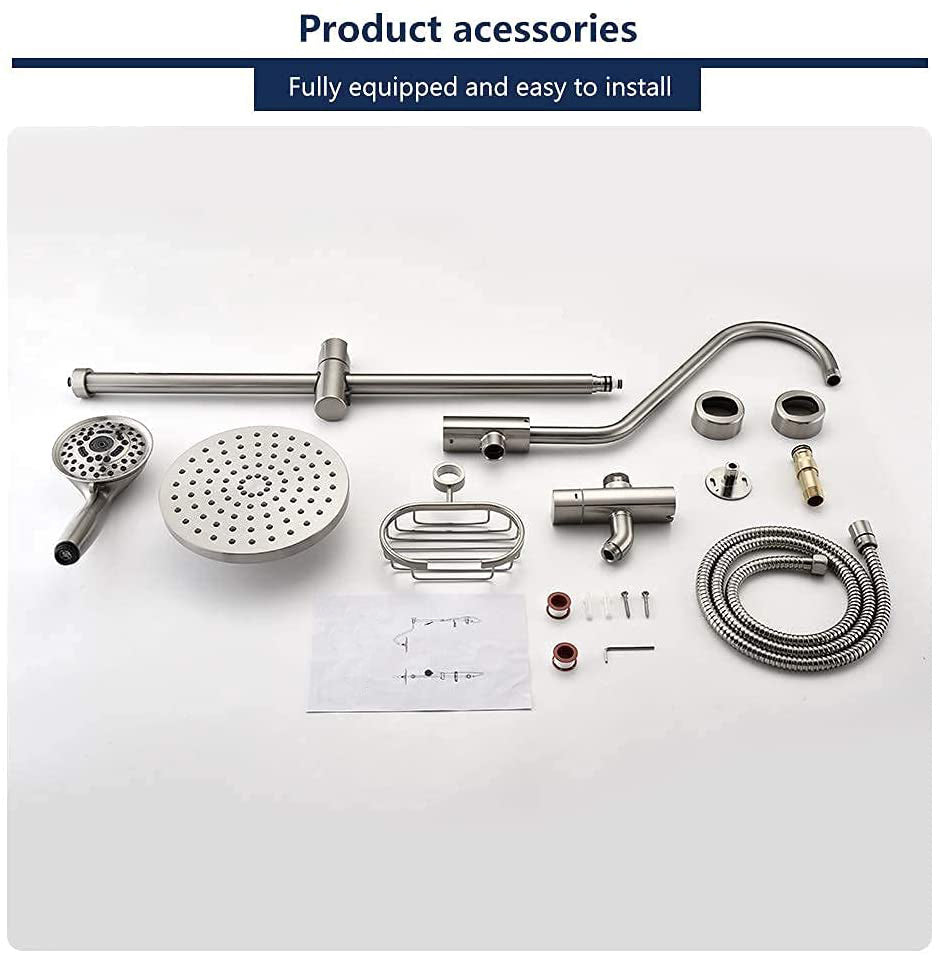 Luxurious Bathroom Shower System Set with Rain Showerhead, 5-Function Hand Shower, Adjustable Slide Bar, and Soap Dish in Brushed Nickel Finish