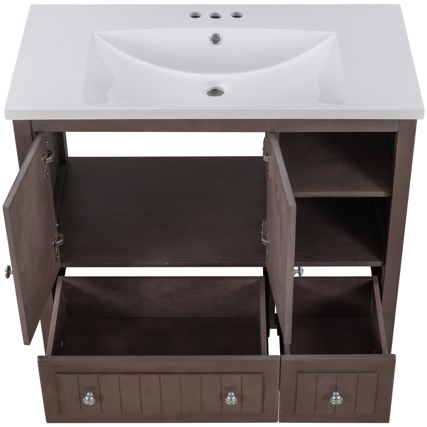 36" Bathroom Vanity with Ceramic Basin, Bathroom Storage Cabinet with Two Doors and Drawers, Solid Frame, Metal Handles, Brown