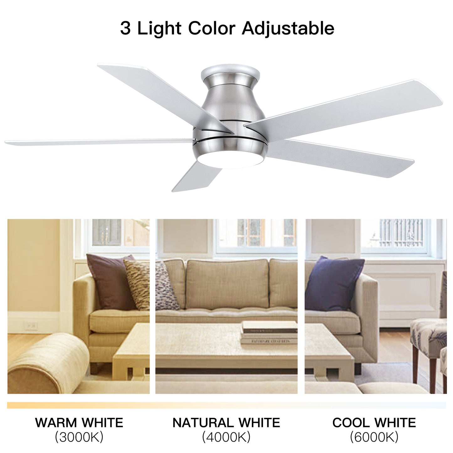 Modern 52-Inch Ceiling Fan with Silver Blades in Brushed Nickel